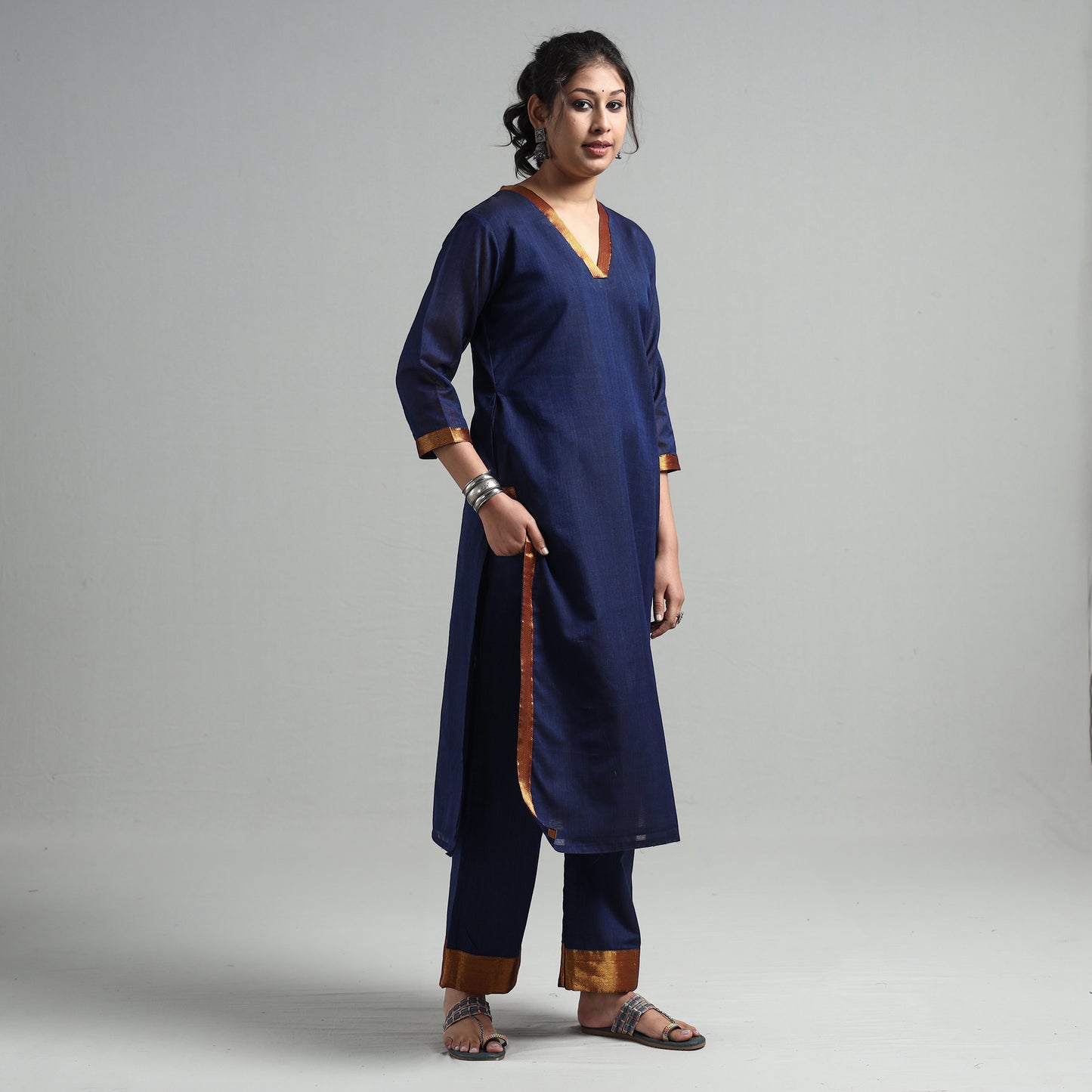 Navy Blue - Dharwad Cotton Kurta with Palazzo & Dupatta Set