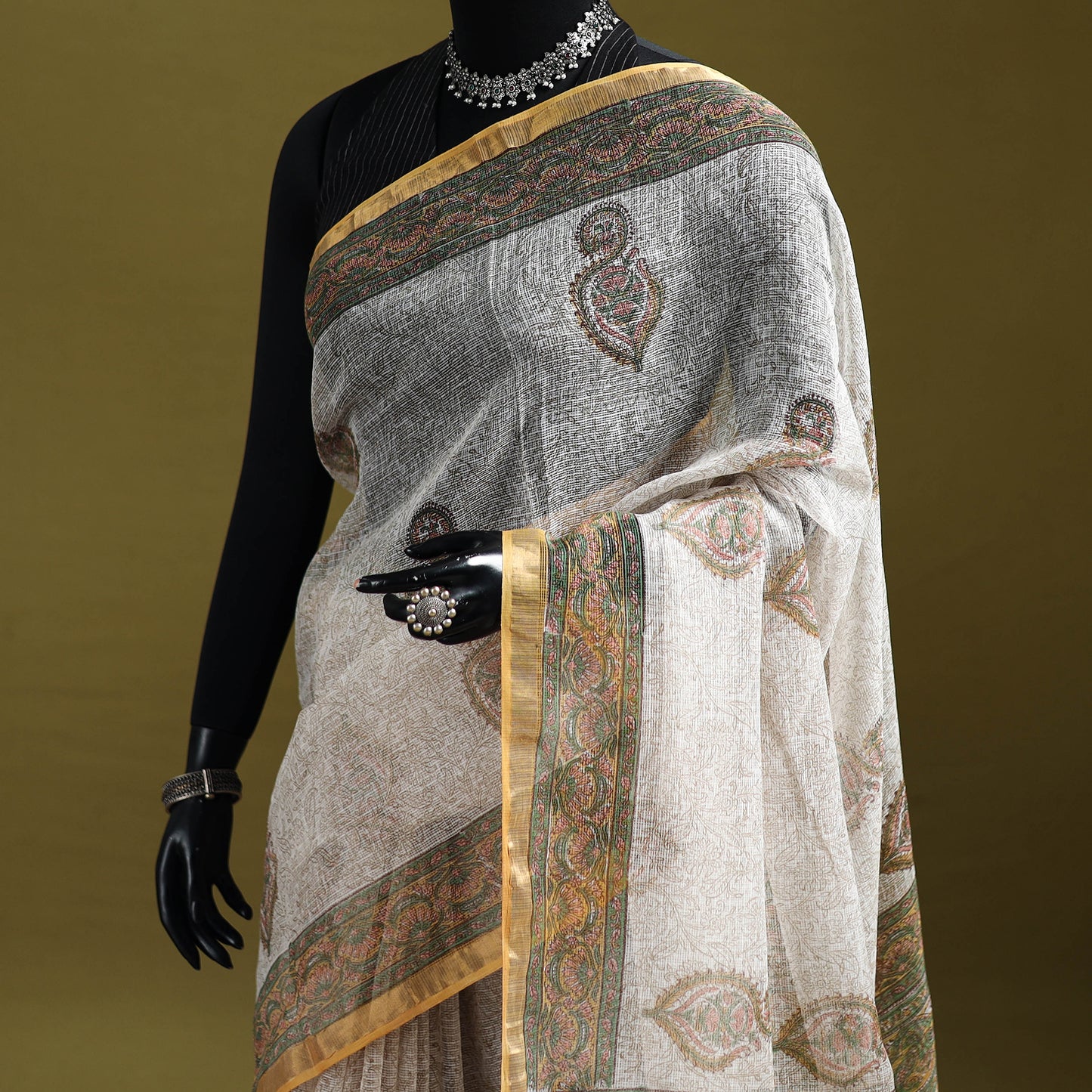 White - Sanganeri Hand Block Print Kota Doria Cotton Saree 09