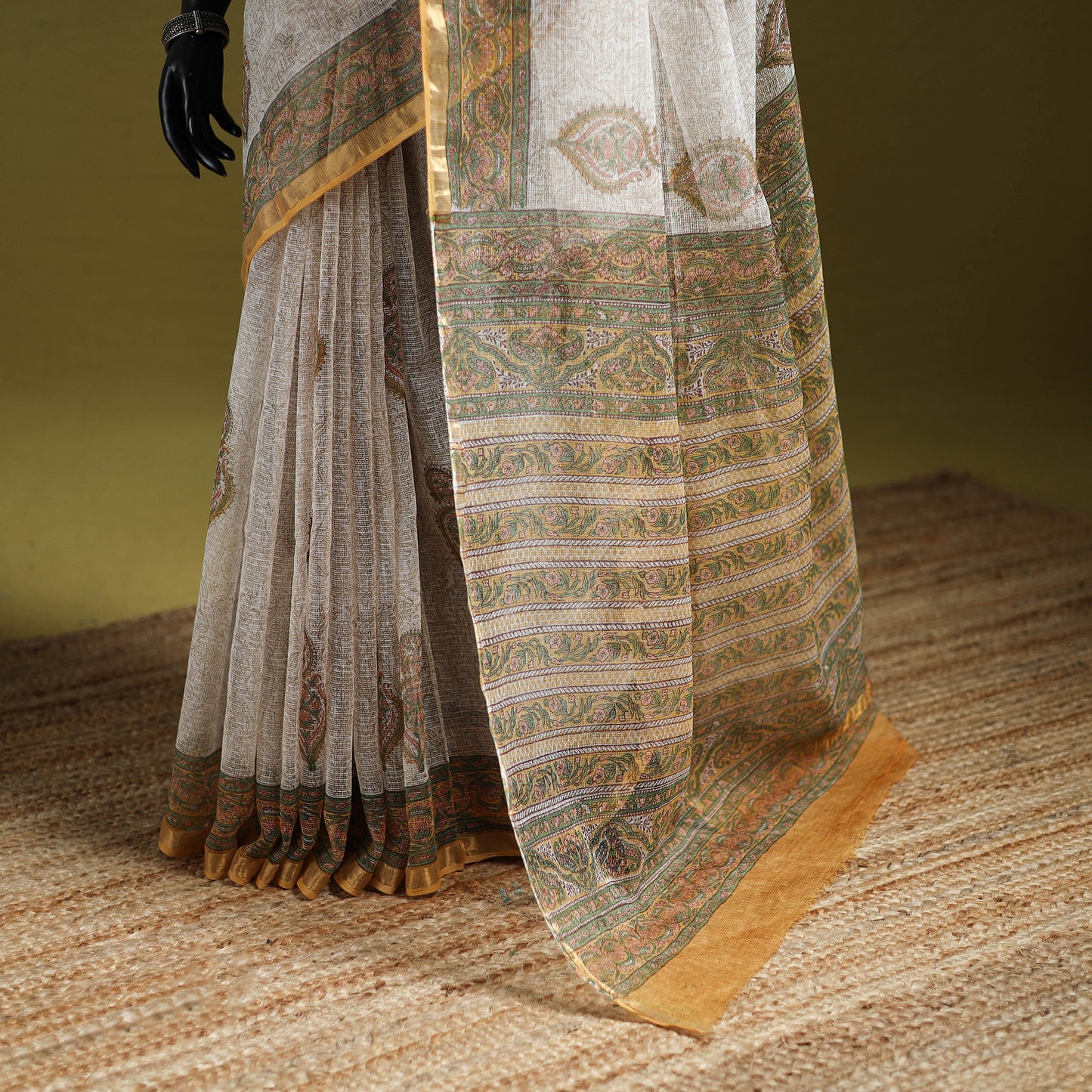 White - Sanganeri Hand Block Print Kota Doria Cotton Saree 09