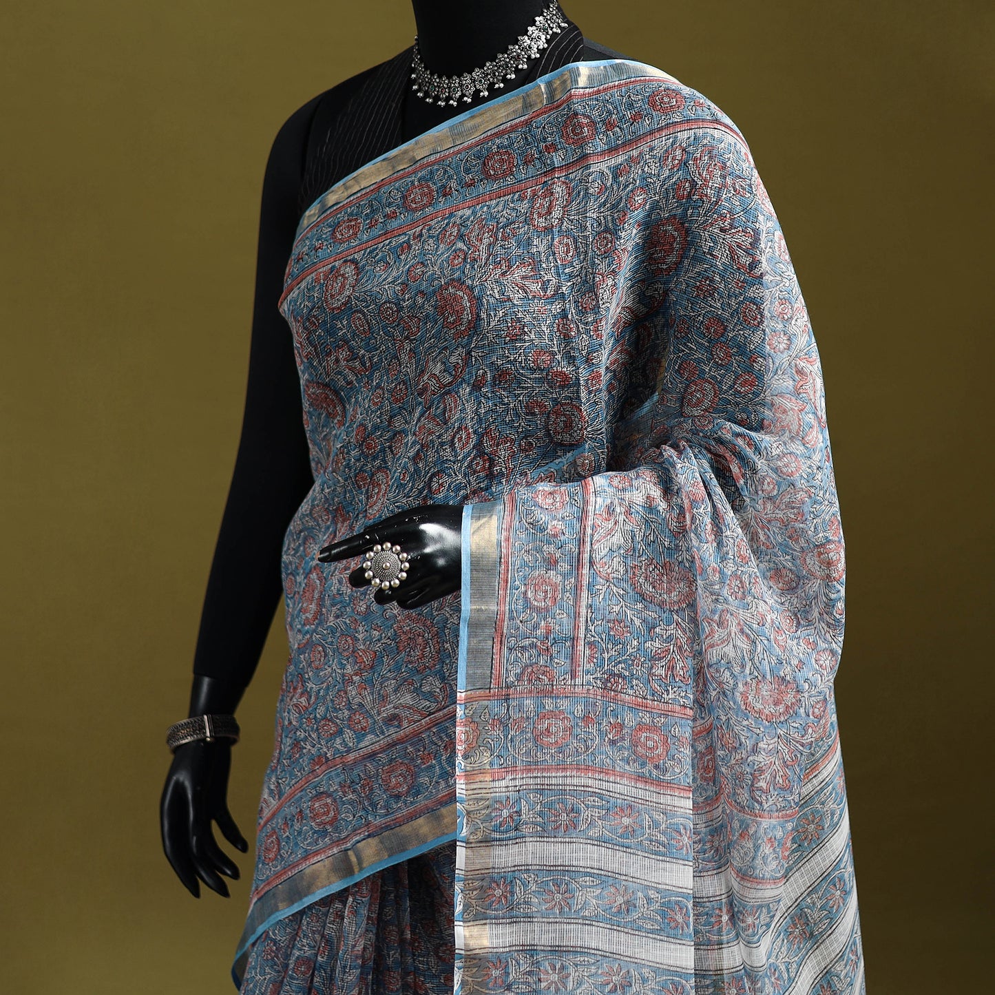 Blue - Sanganeri Hand Block Print Kota Doria Cotton Saree 10