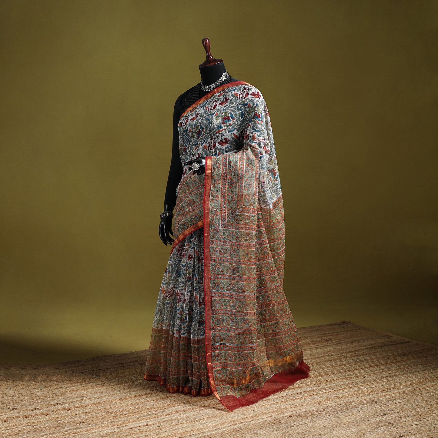 Multicolor - Sanganeri Hand Block Print Kota Doria Cotton Saree 12