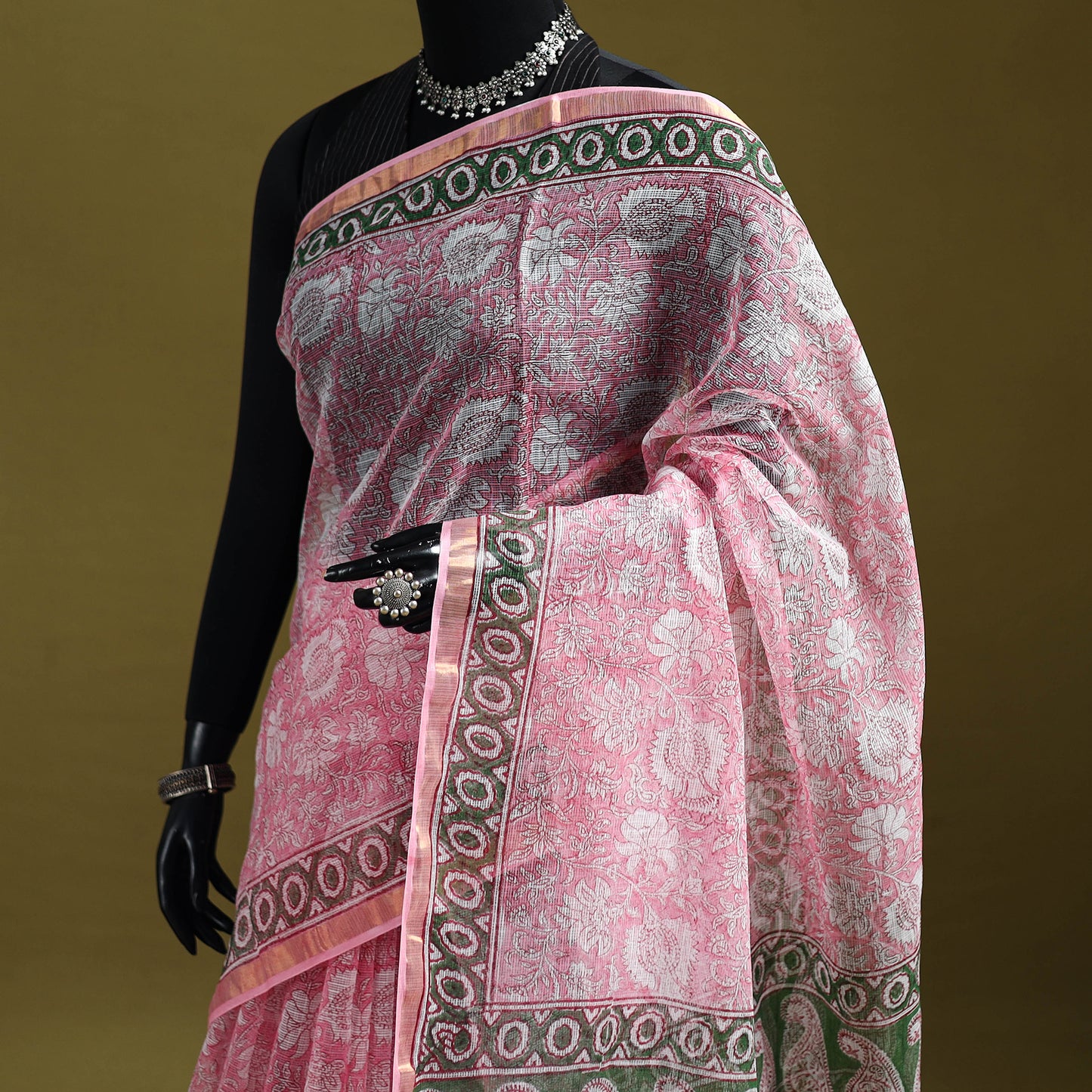 Pink - Sanganeri Hand Block Print Kota Doria Cotton Saree 13