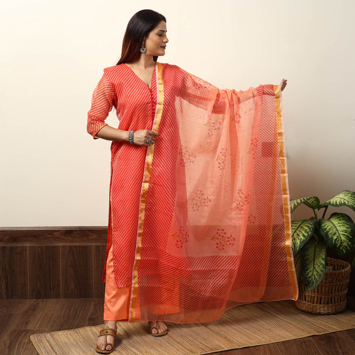 Orange - Leheriya Printed Kota Doria Kurta with Palazzo & Dupatta Set 19
