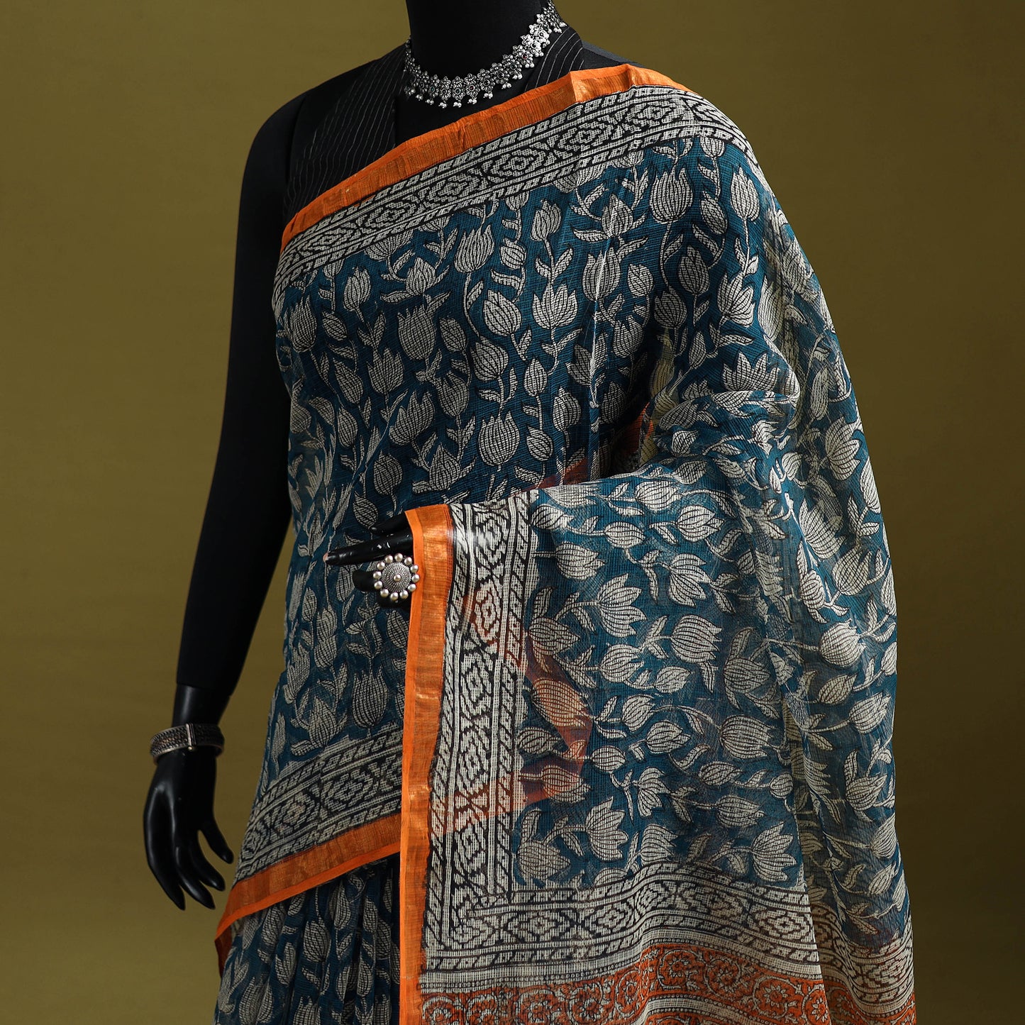 Blue - Sanganeri Hand Block Print Kota Doria Cotton Saree 14