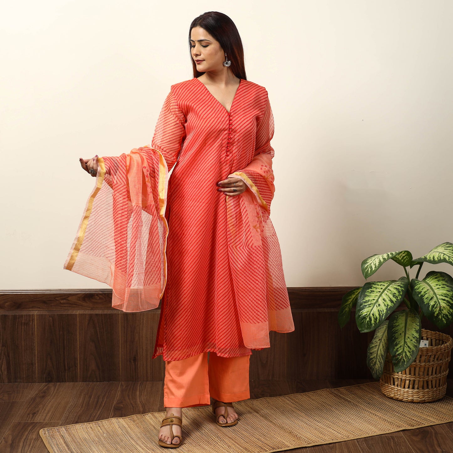 Orange - Leheriya Printed Kota Doria Kurta with Palazzo & Dupatta Set 19