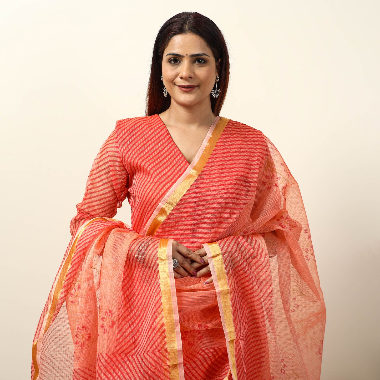 Orange - Leheriya Printed Kota Doria Kurta with Palazzo & Dupatta Set 19