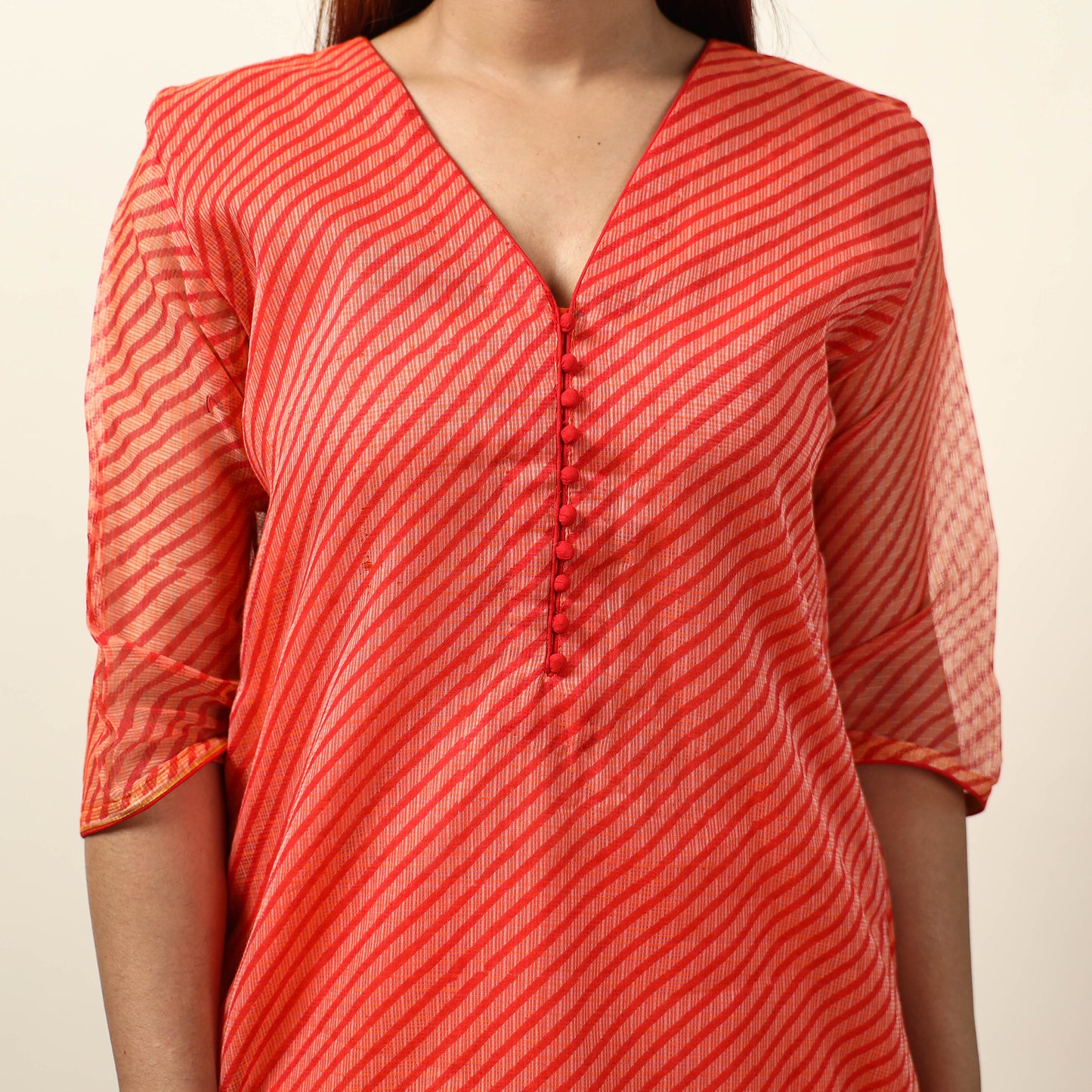 Orange - Leheriya Printed Kota Doria Kurta with Palazzo & Dupatta Set 19