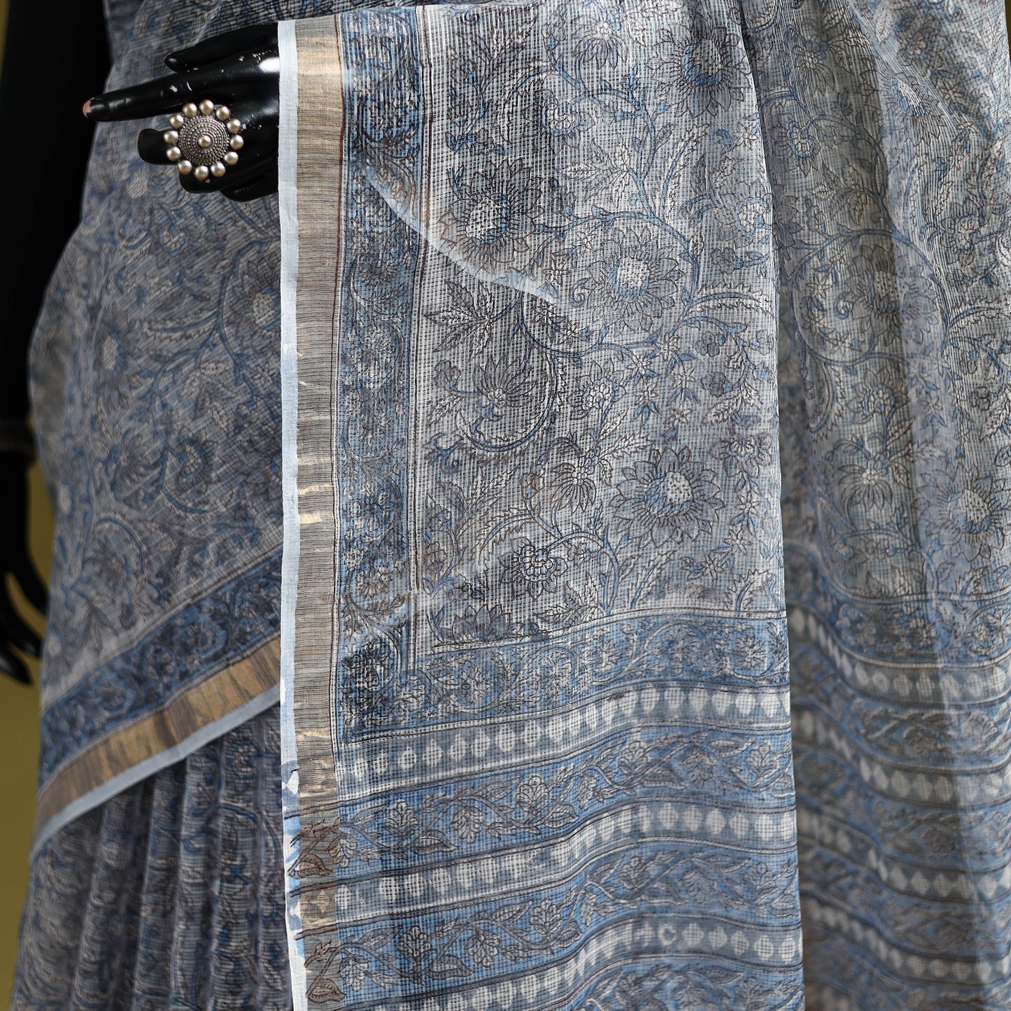 Blue - Sanganeri Hand Block Print Kota Doria Cotton Saree 15