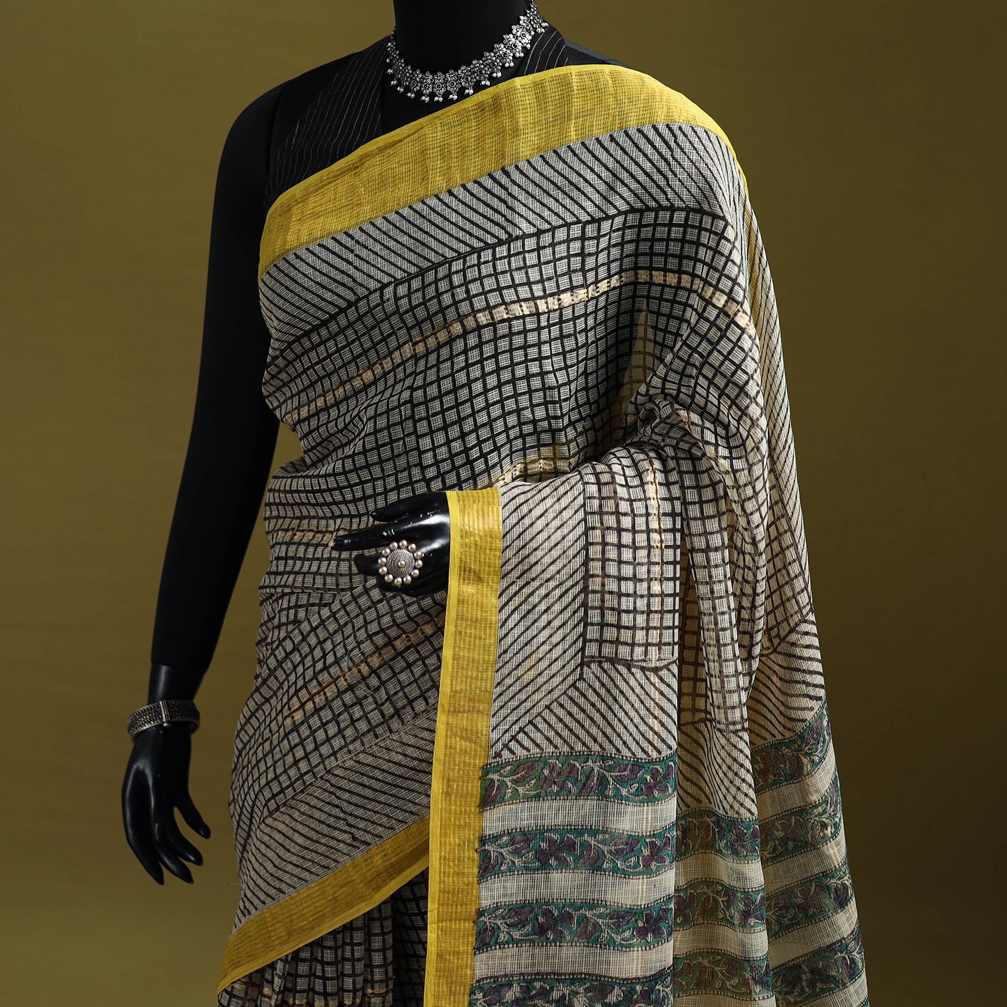 Black - Bagru Hand Block Print Kota Doria Cotton Saree 19