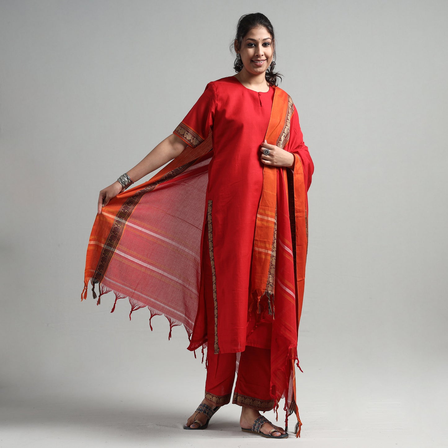 Red - Dharwad Cotton Kurta with Palazzo & Dupatta Set