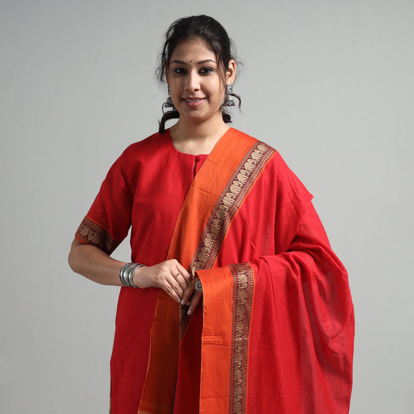 Red - Dharwad Cotton Kurta with Palazzo & Dupatta Set