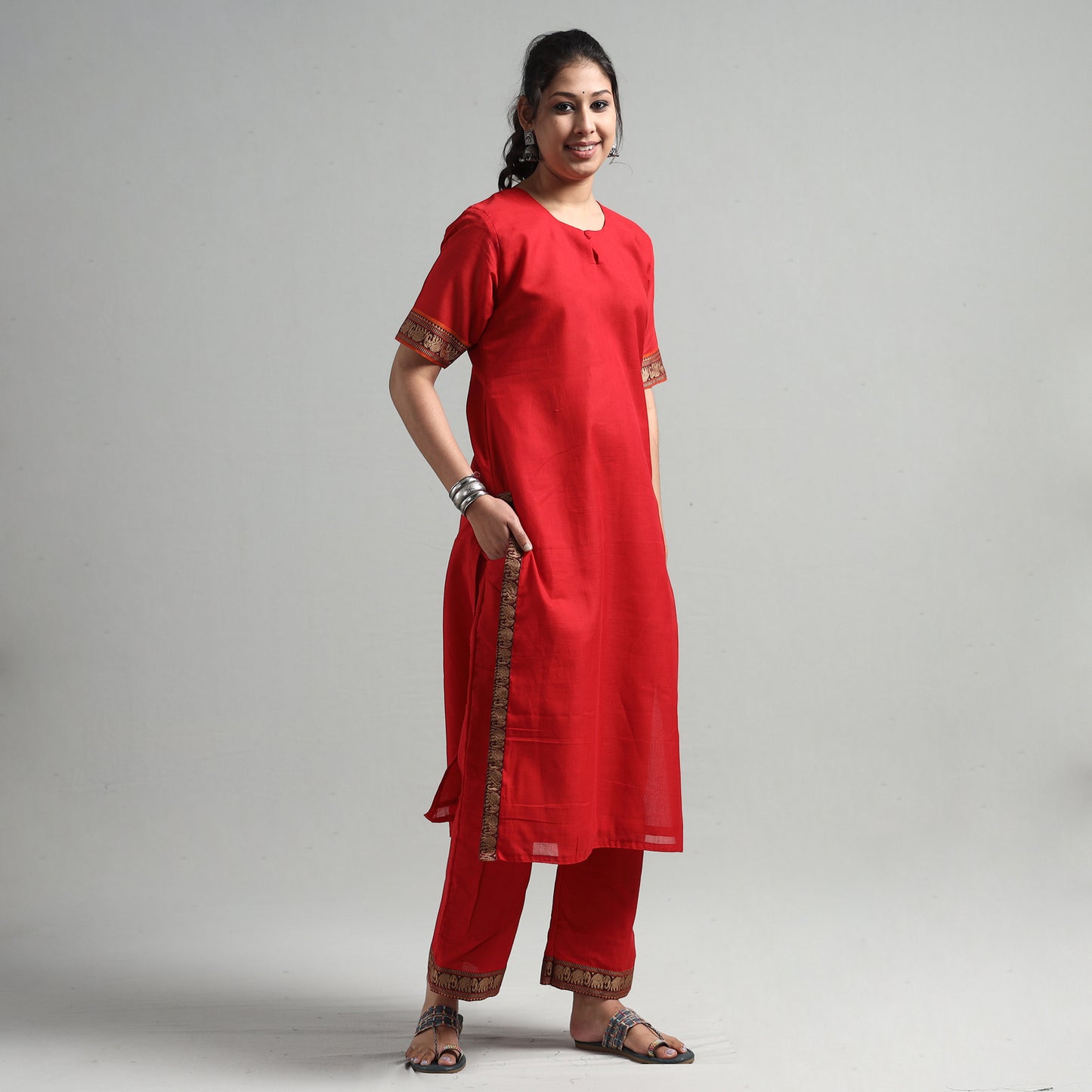 Red - Dharwad Cotton Kurta with Palazzo & Dupatta Set
