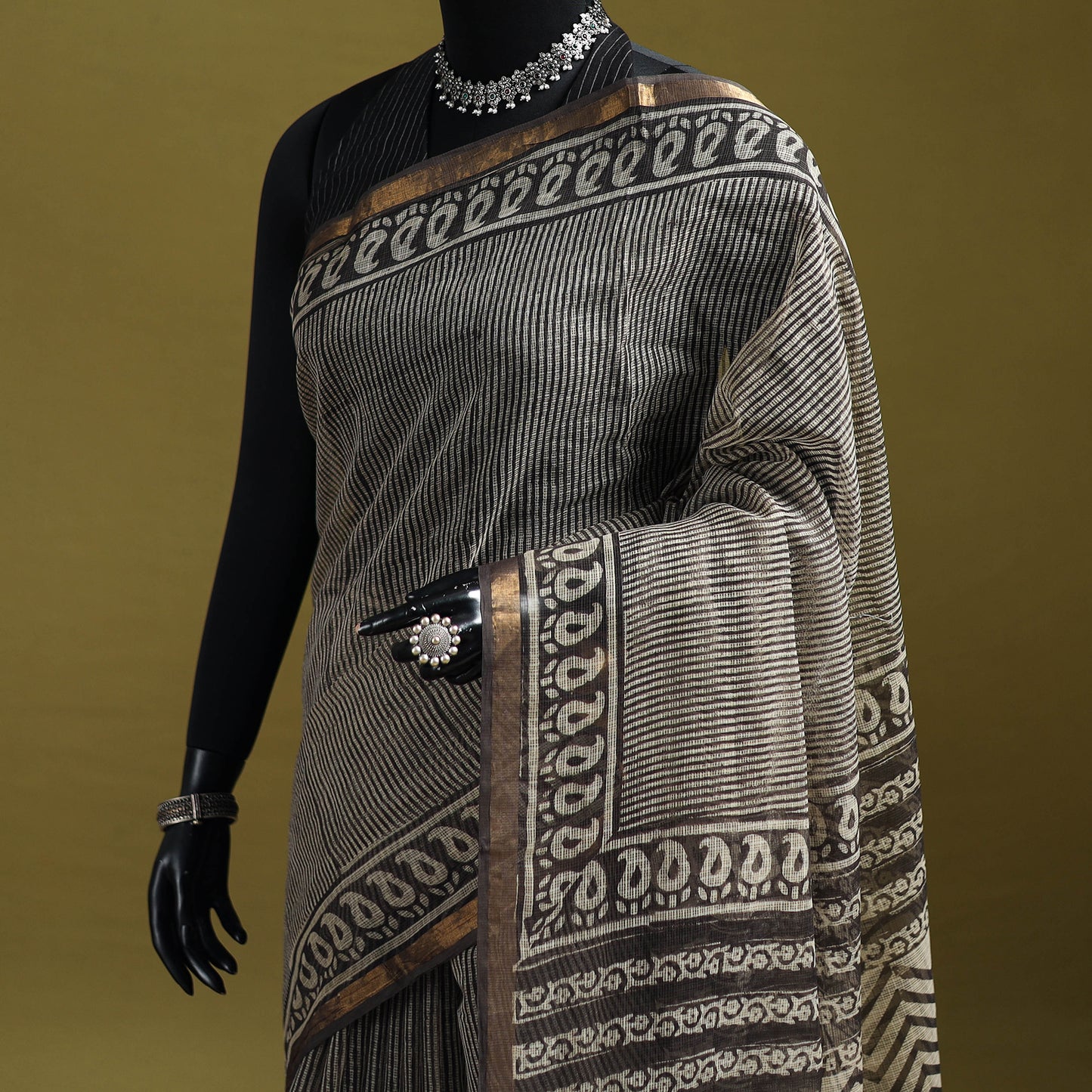 Black - Bagru Hand Block Print Kota Doria Cotton Saree 21