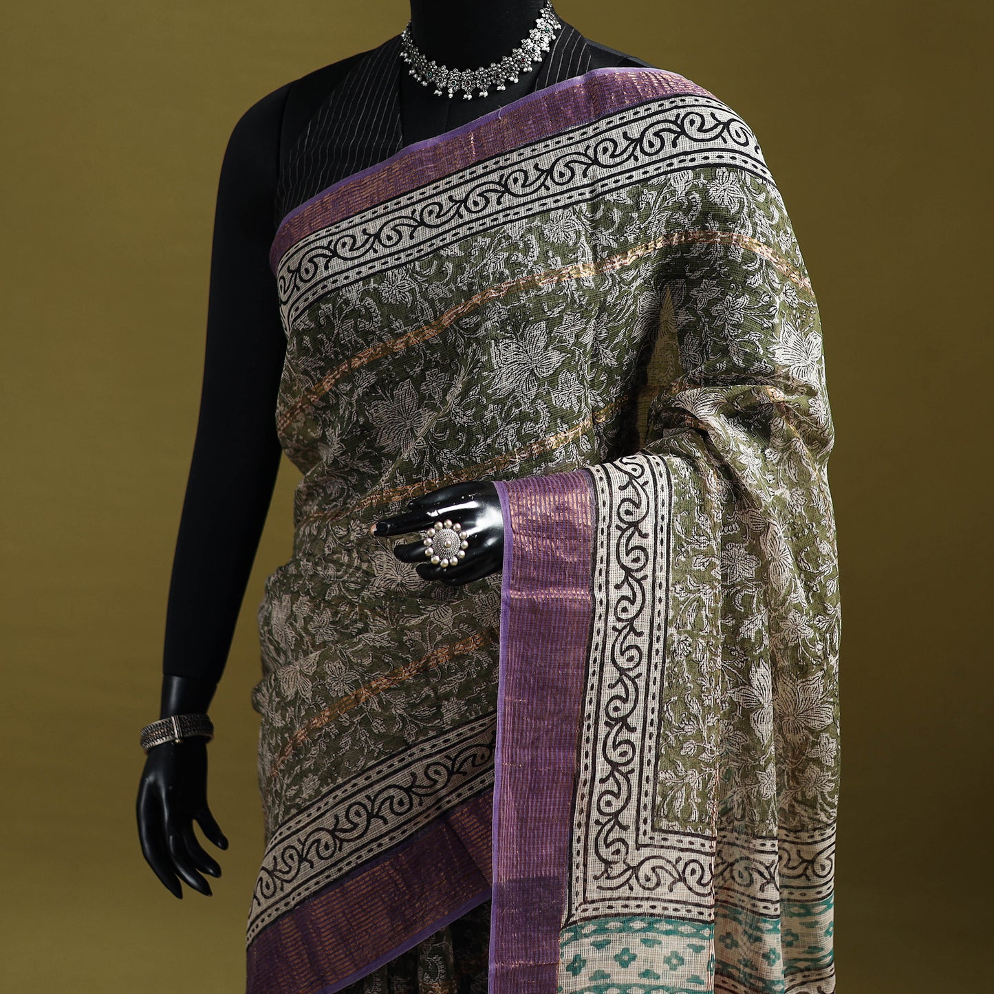 Green - Bagru Hand Block Print Kota Doria Cotton Saree 22