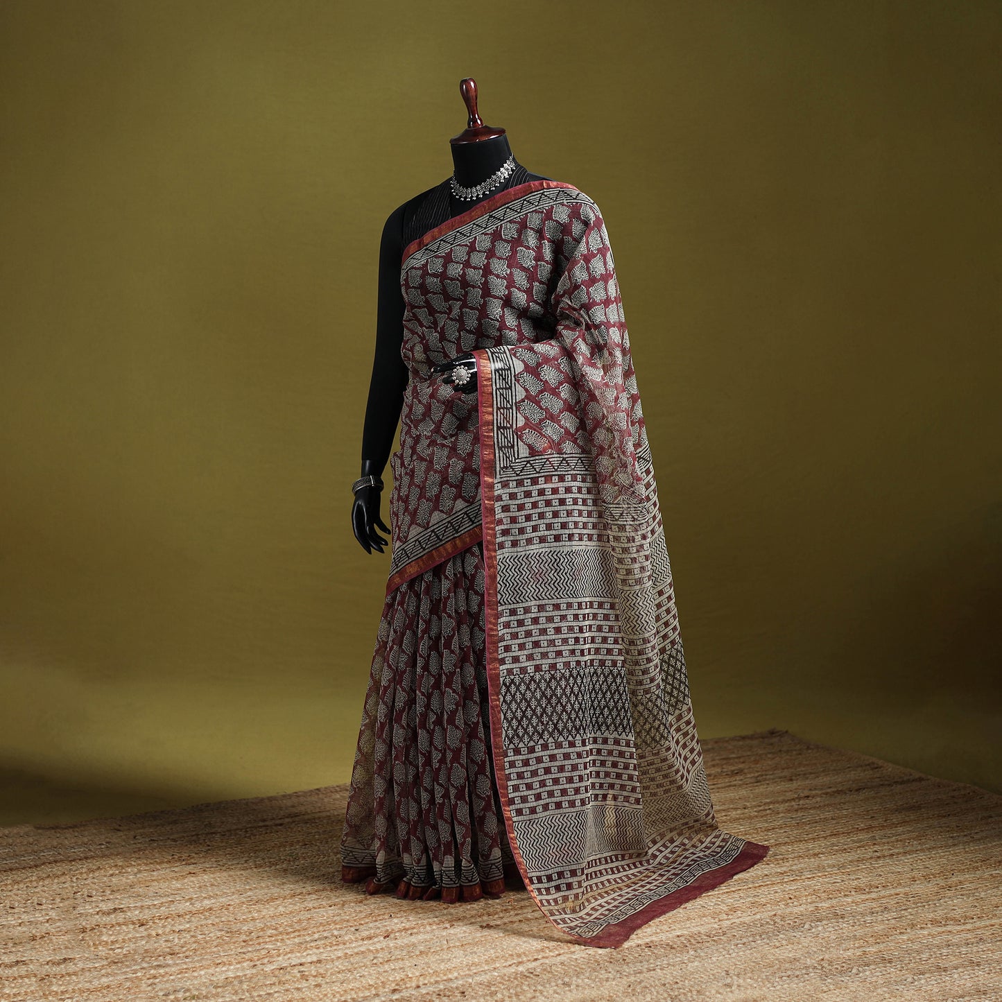 Black - Maroon - Bagru Hand Block Print Kota Doria Cotton Saree 23