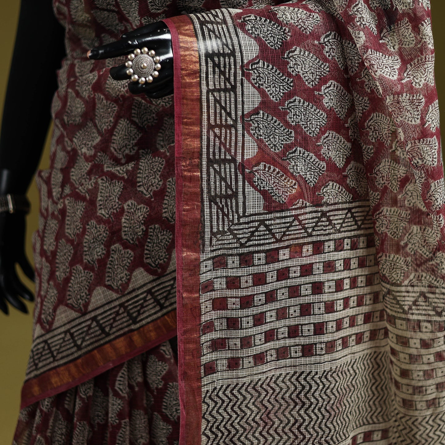 Black - Maroon - Bagru Hand Block Print Kota Doria Cotton Saree 23