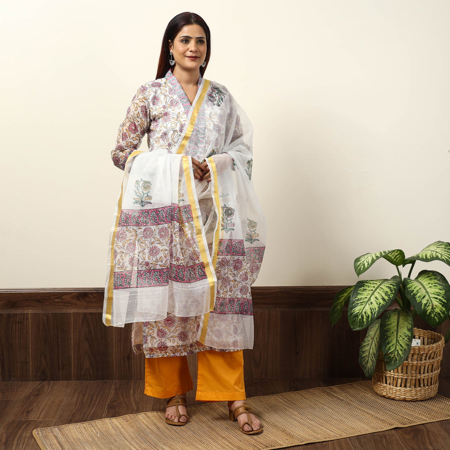 White - Sanganeri Block Printed Kota Doria Kurta with Palazzo & Dupatta Set 14