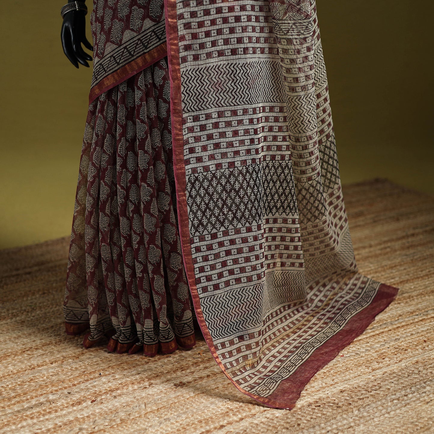 Black - Maroon - Bagru Hand Block Print Kota Doria Cotton Saree 23