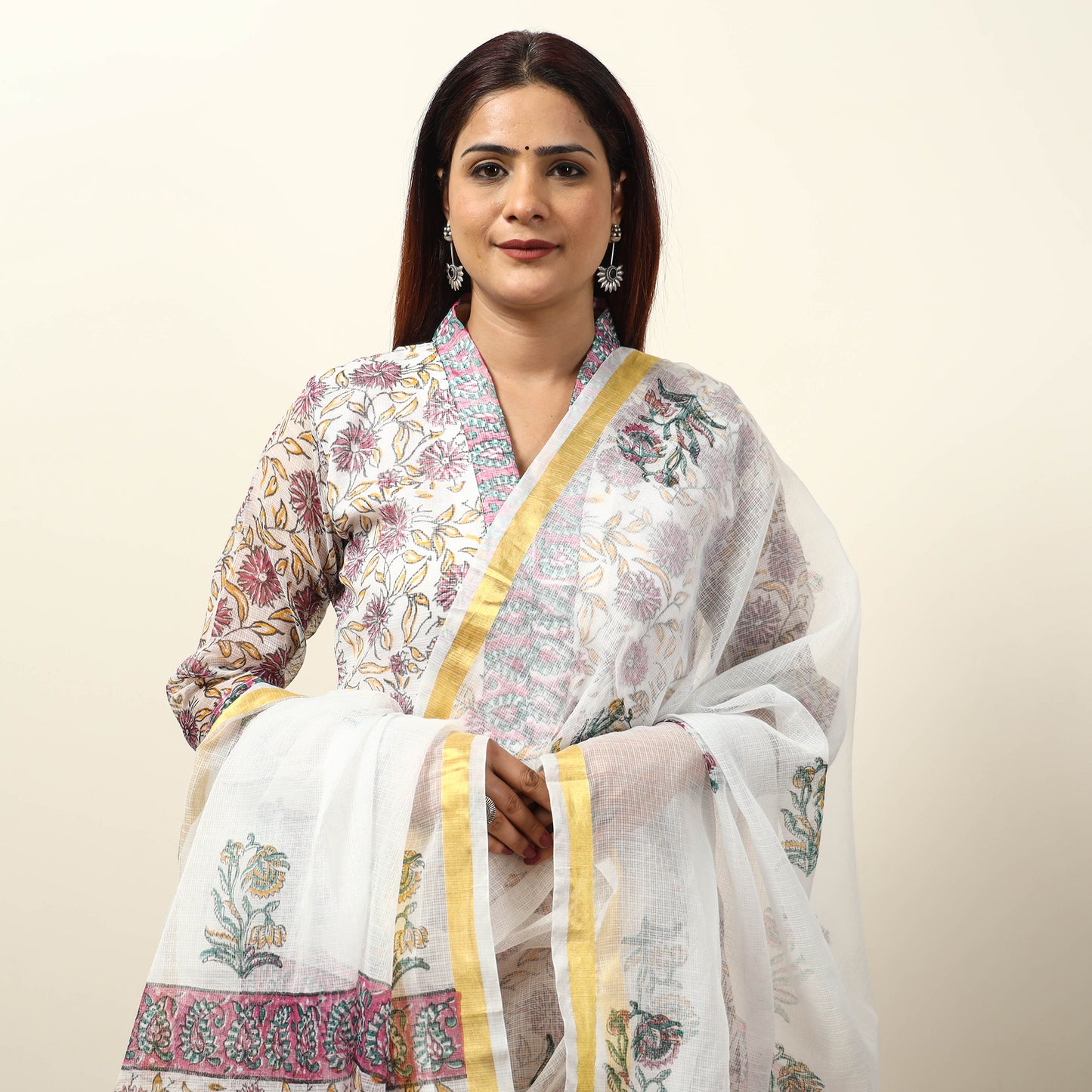 White - Sanganeri Block Printed Kota Doria Kurta with Palazzo & Dupatta Set 14