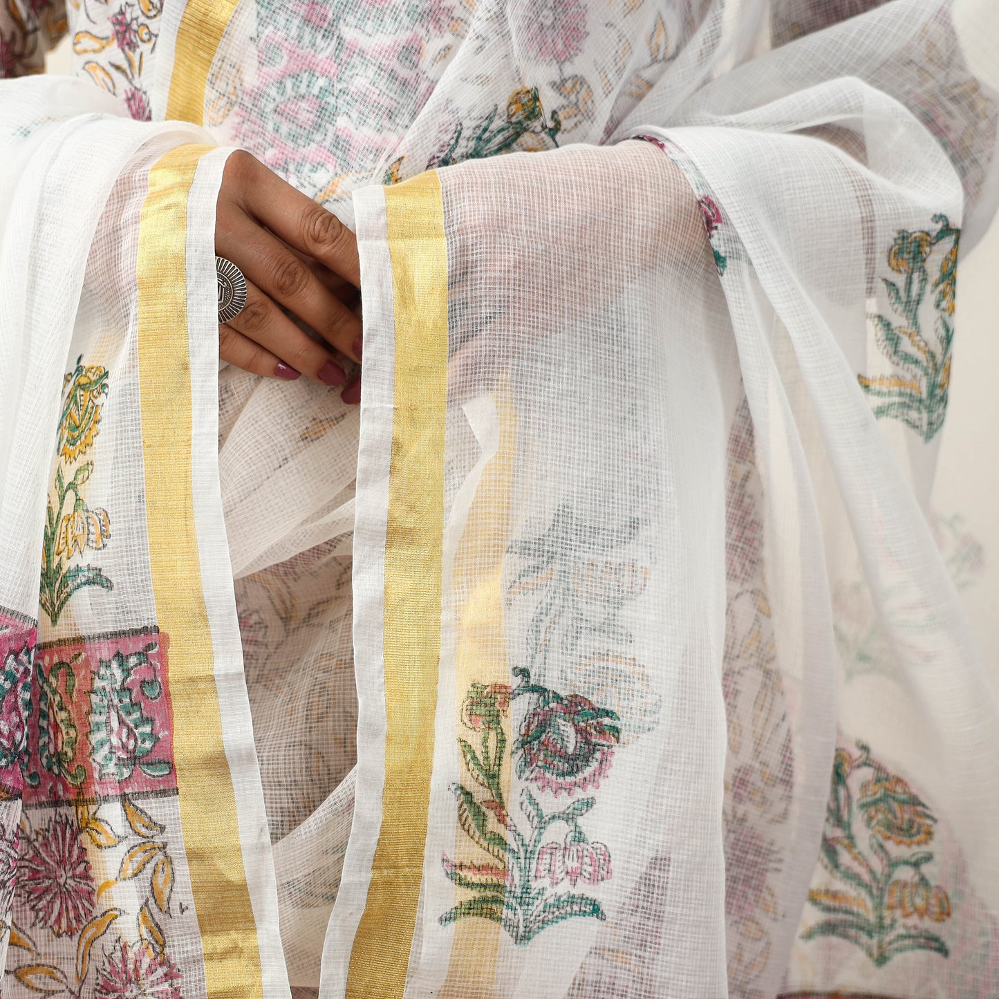 White - Sanganeri Block Printed Kota Doria Kurta with Palazzo & Dupatta Set 14