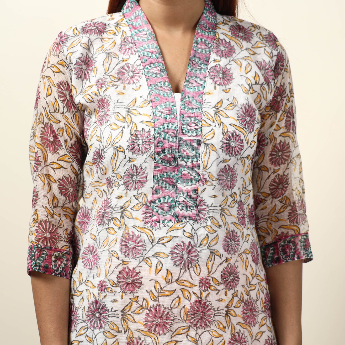 White - Sanganeri Block Printed Kota Doria Kurta with Palazzo & Dupatta Set 14