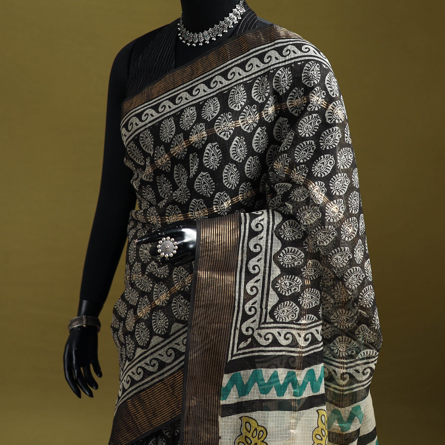 Black - Bagru Hand Block Print Kota Doria Cotton Saree 24