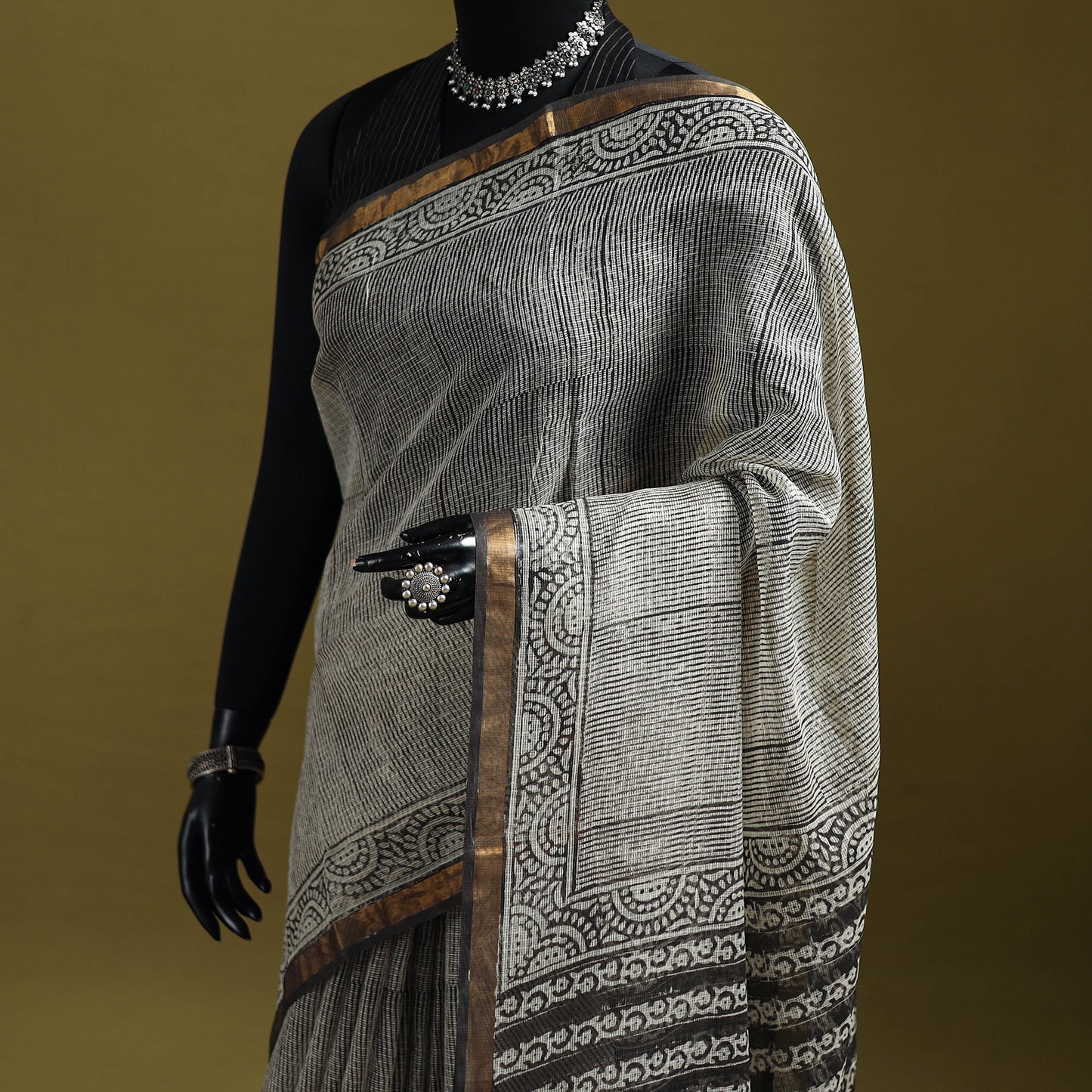 Black - Bagru Hand Block Print Kota Doria Cotton Saree 25