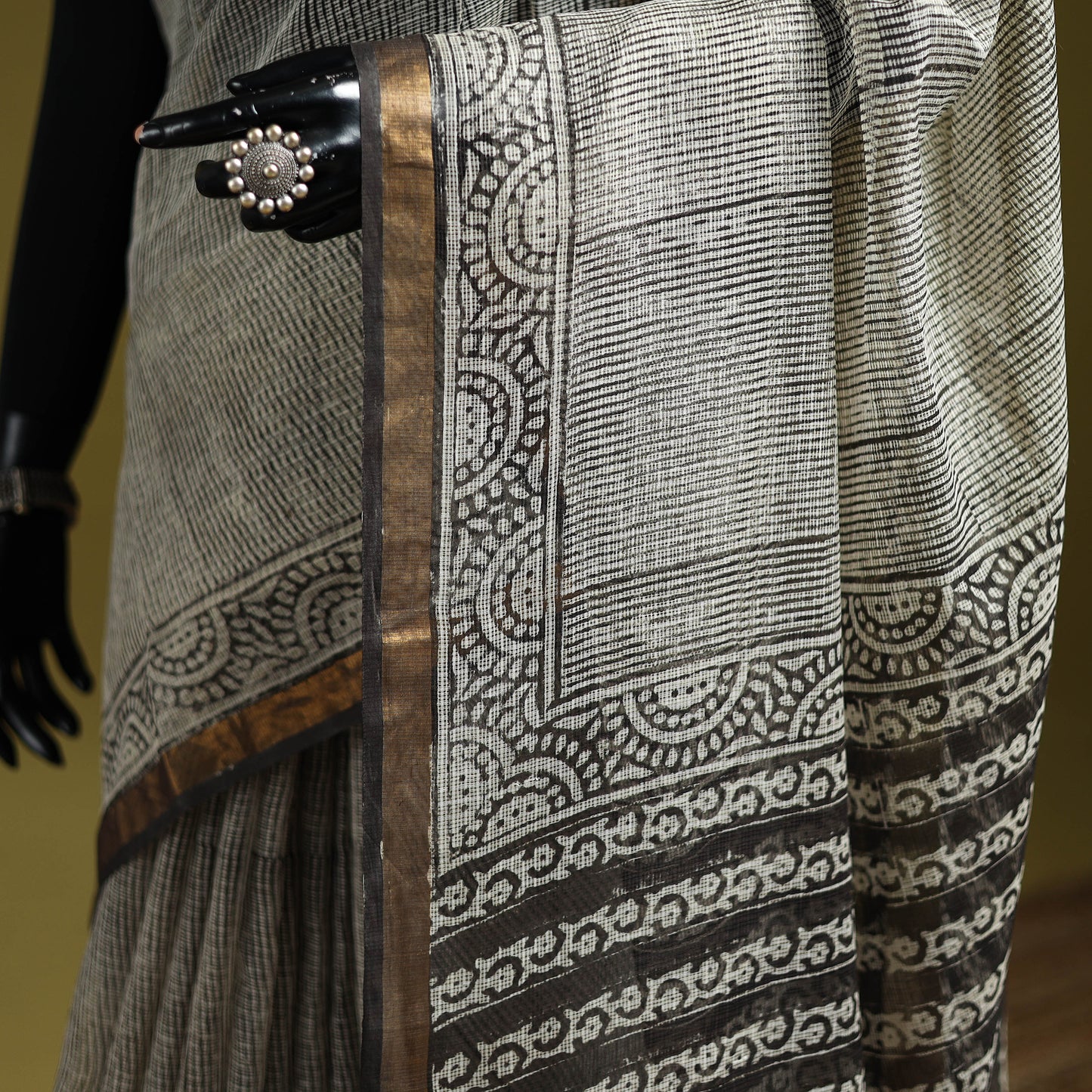 Black - Bagru Hand Block Print Kota Doria Cotton Saree 25