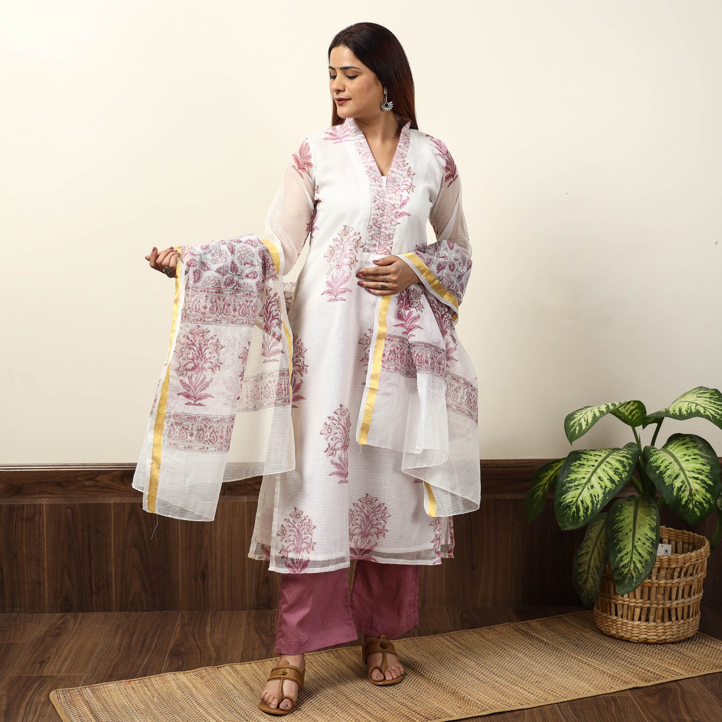 White - Sanganeri Block Printed Kota Doria Kurta with Palazzo & Dupatta Set 07