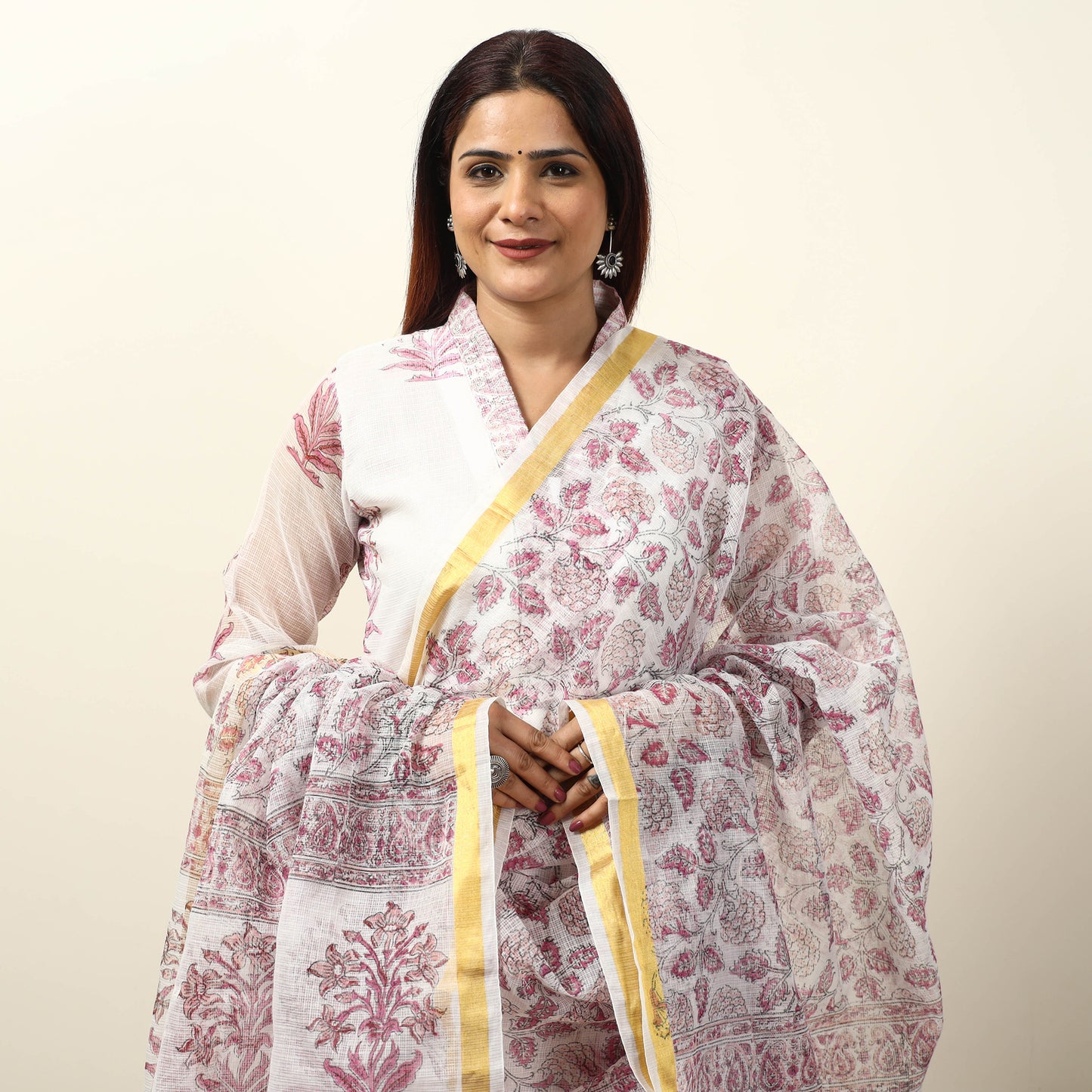 White - Sanganeri Block Printed Kota Doria Kurta with Palazzo & Dupatta Set 07