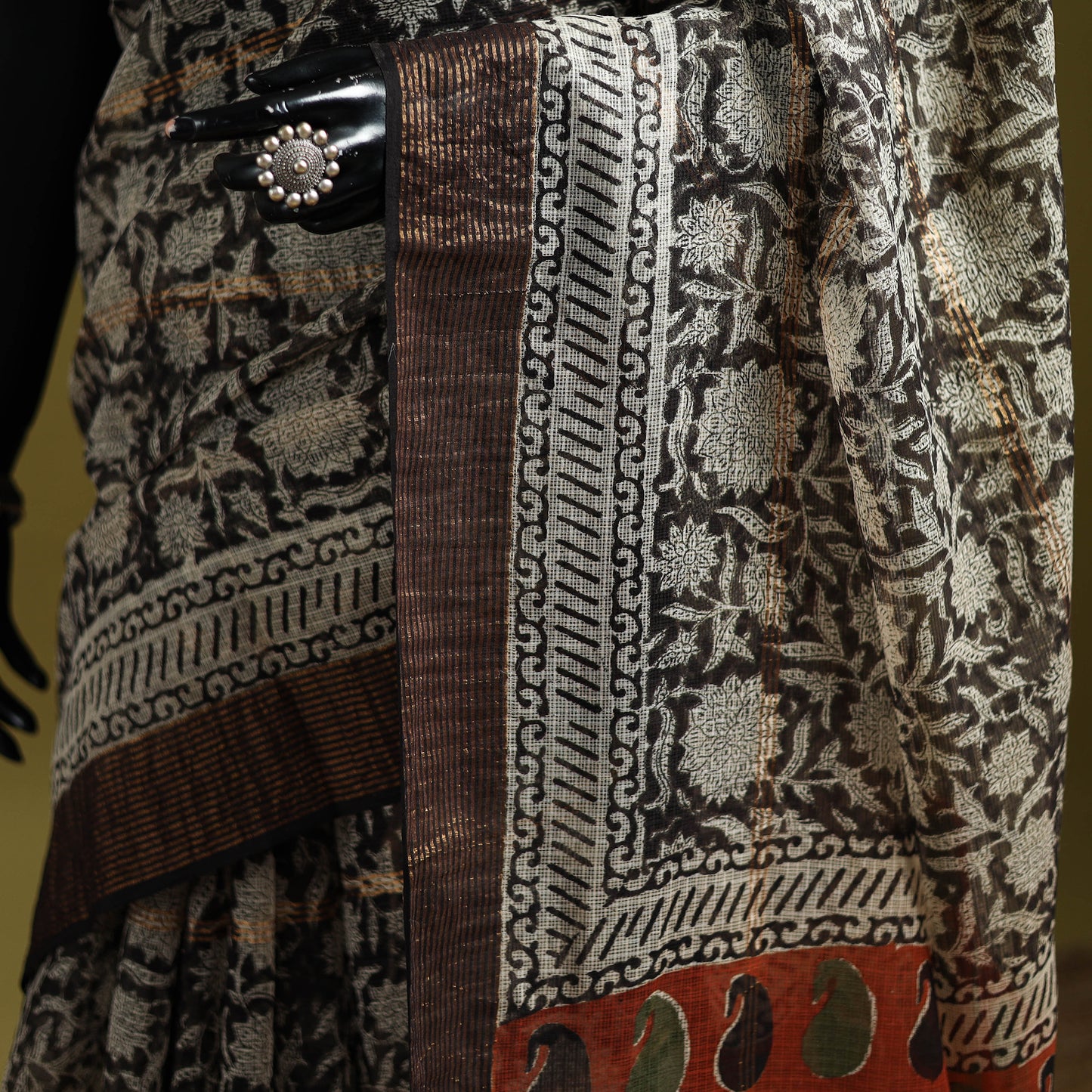 Black - Bagru Hand Block Print Kota Doria Cotton Saree 28