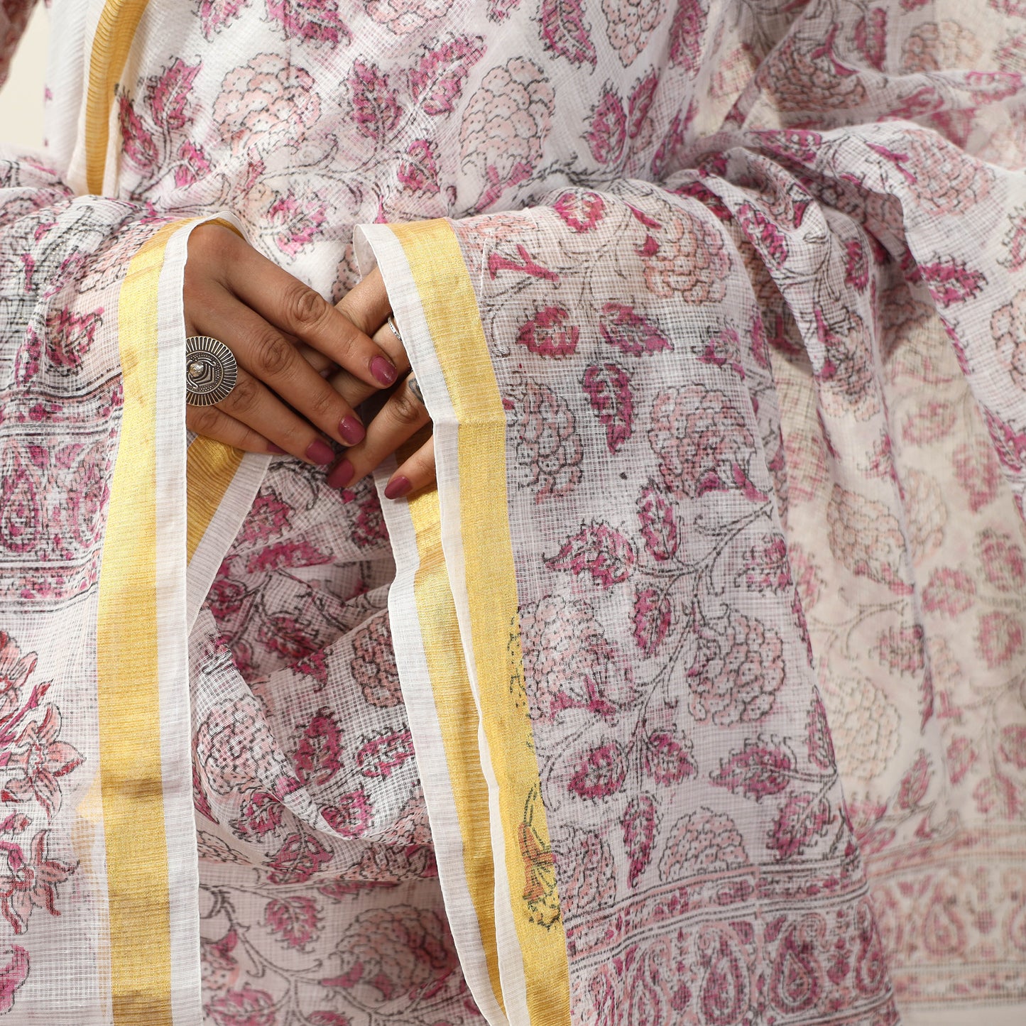 White - Sanganeri Block Printed Kota Doria Kurta with Palazzo & Dupatta Set 07