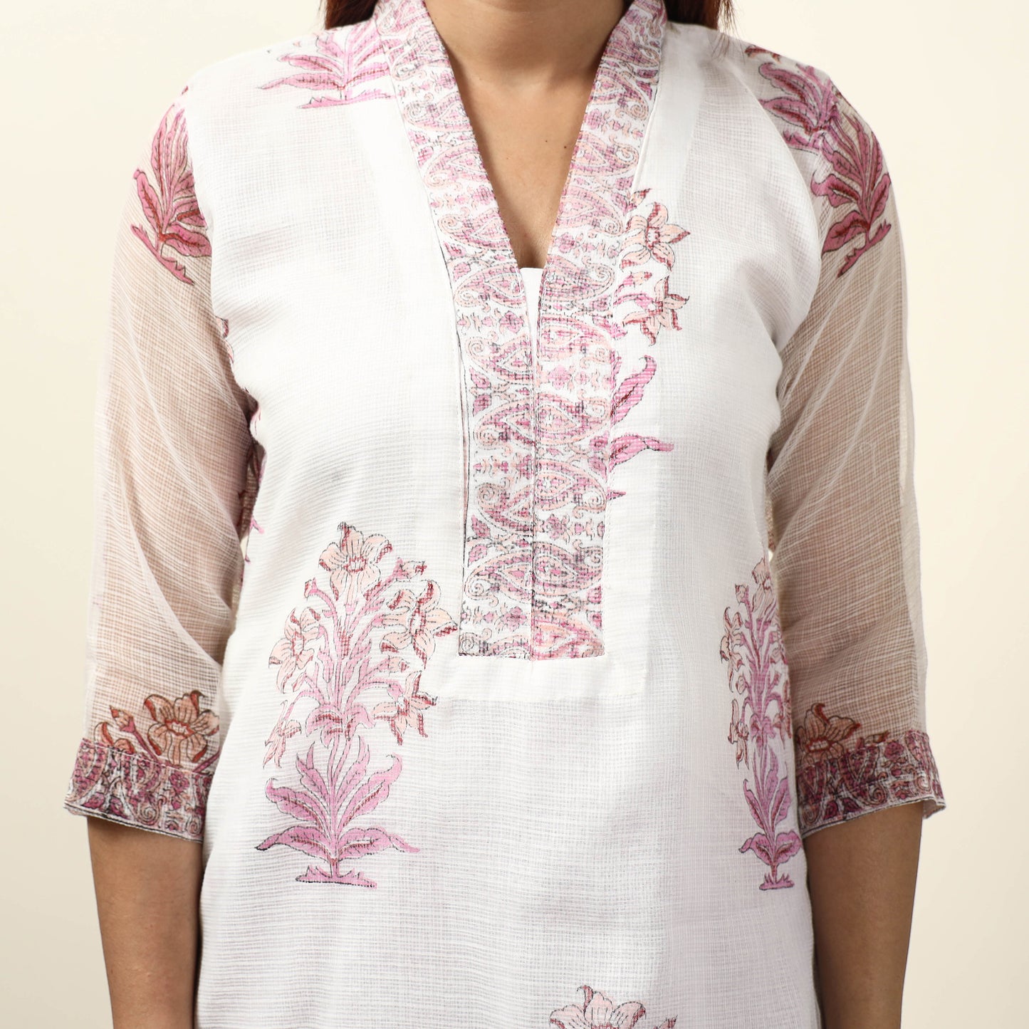 White - Sanganeri Block Printed Kota Doria Kurta with Palazzo & Dupatta Set 07