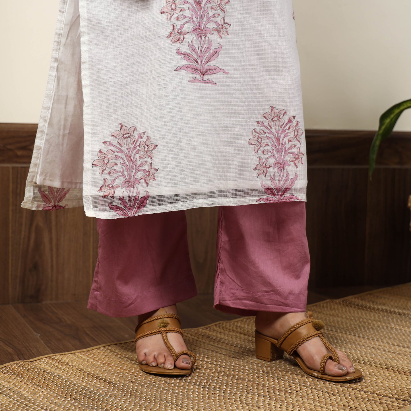 White - Sanganeri Block Printed Kota Doria Kurta with Palazzo & Dupatta Set 07