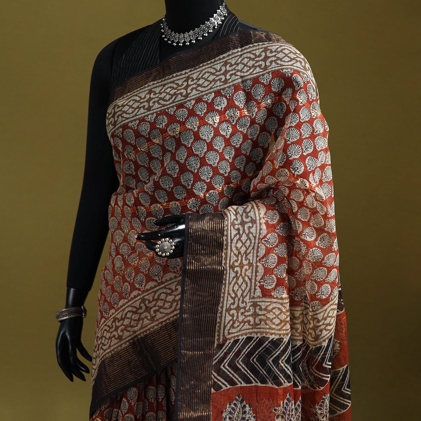 Red - Bagru Hand Block Print Kota Doria Cotton Saree 30