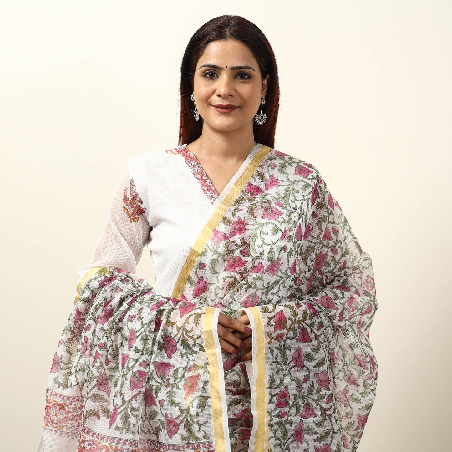 White - Sanganeri Block Printed Kota Doria Kurta with Palazzo & Dupatta Set 06
