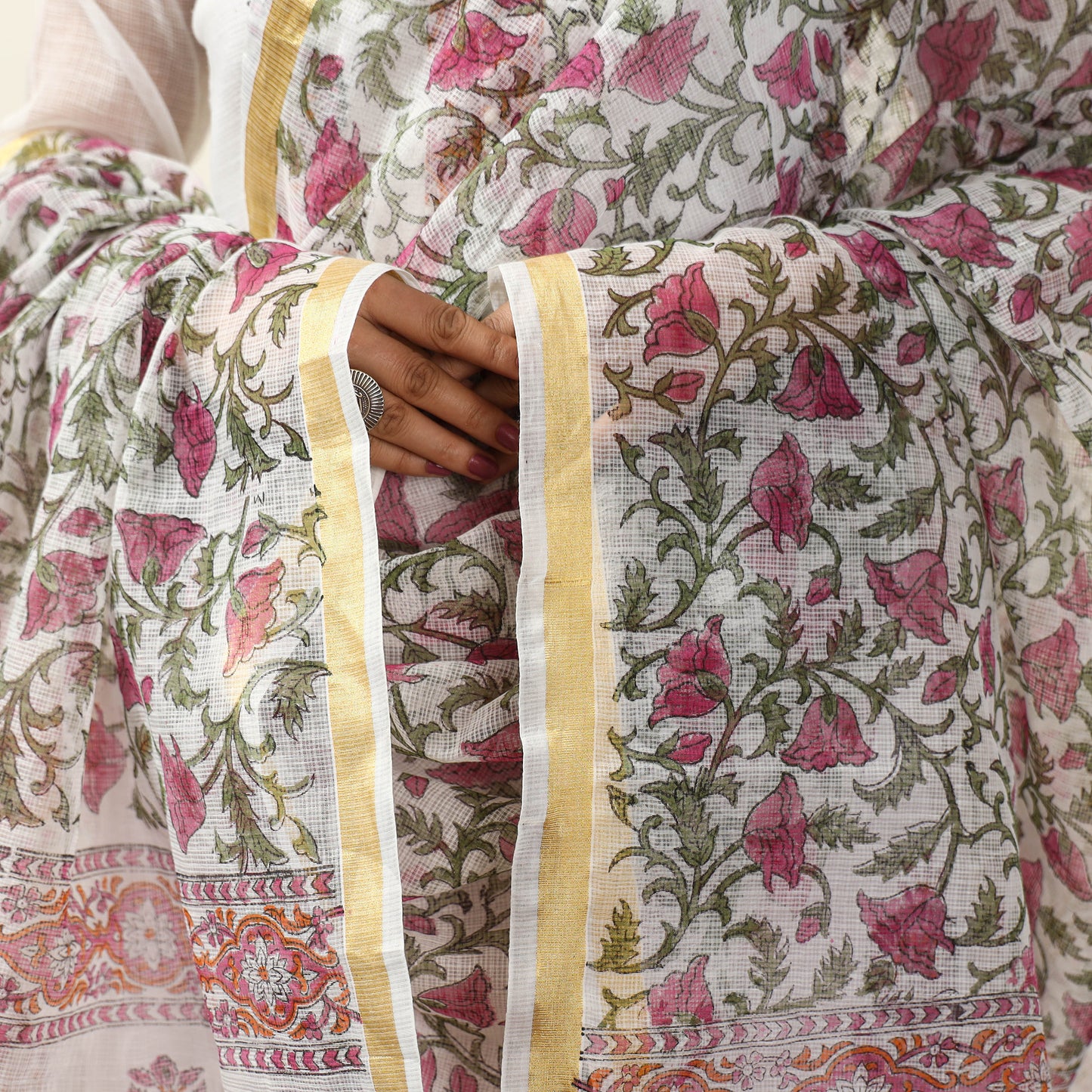 White - Sanganeri Block Printed Kota Doria Kurta with Palazzo & Dupatta Set 06