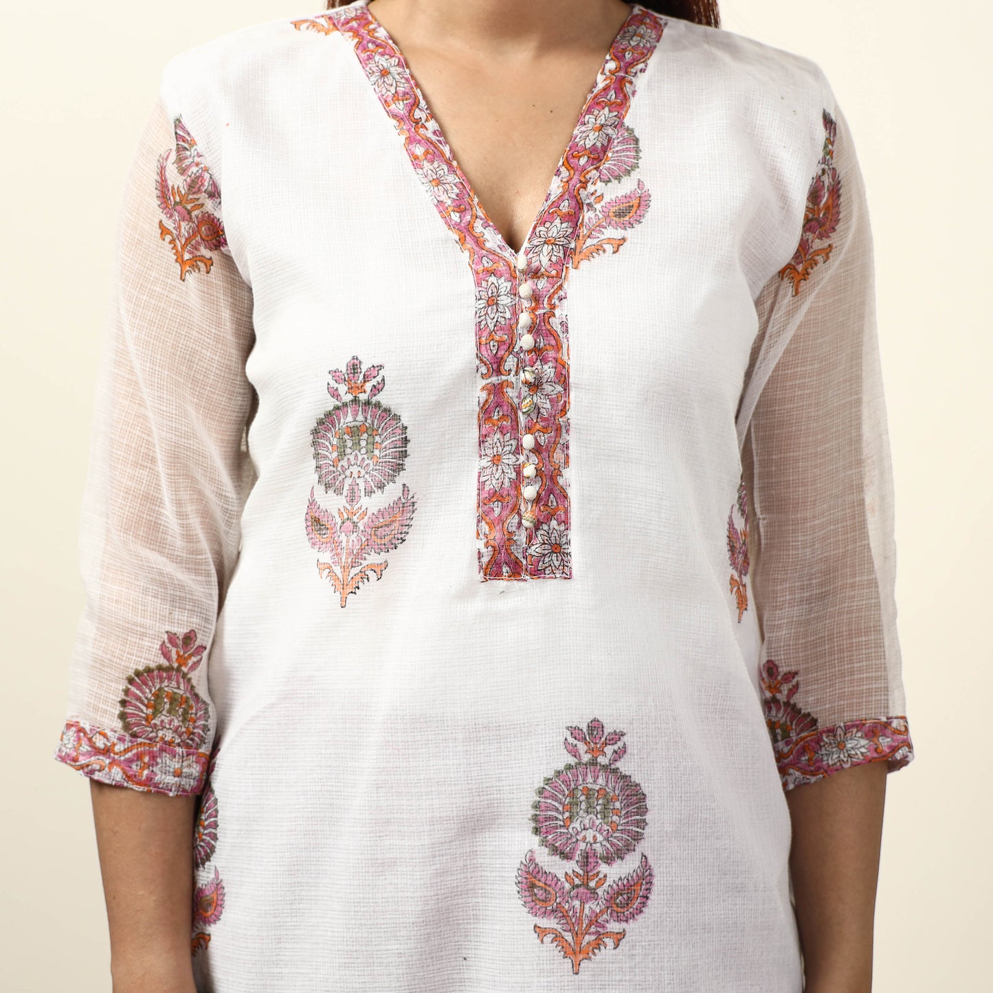 White - Sanganeri Block Printed Kota Doria Kurta with Palazzo & Dupatta Set 06