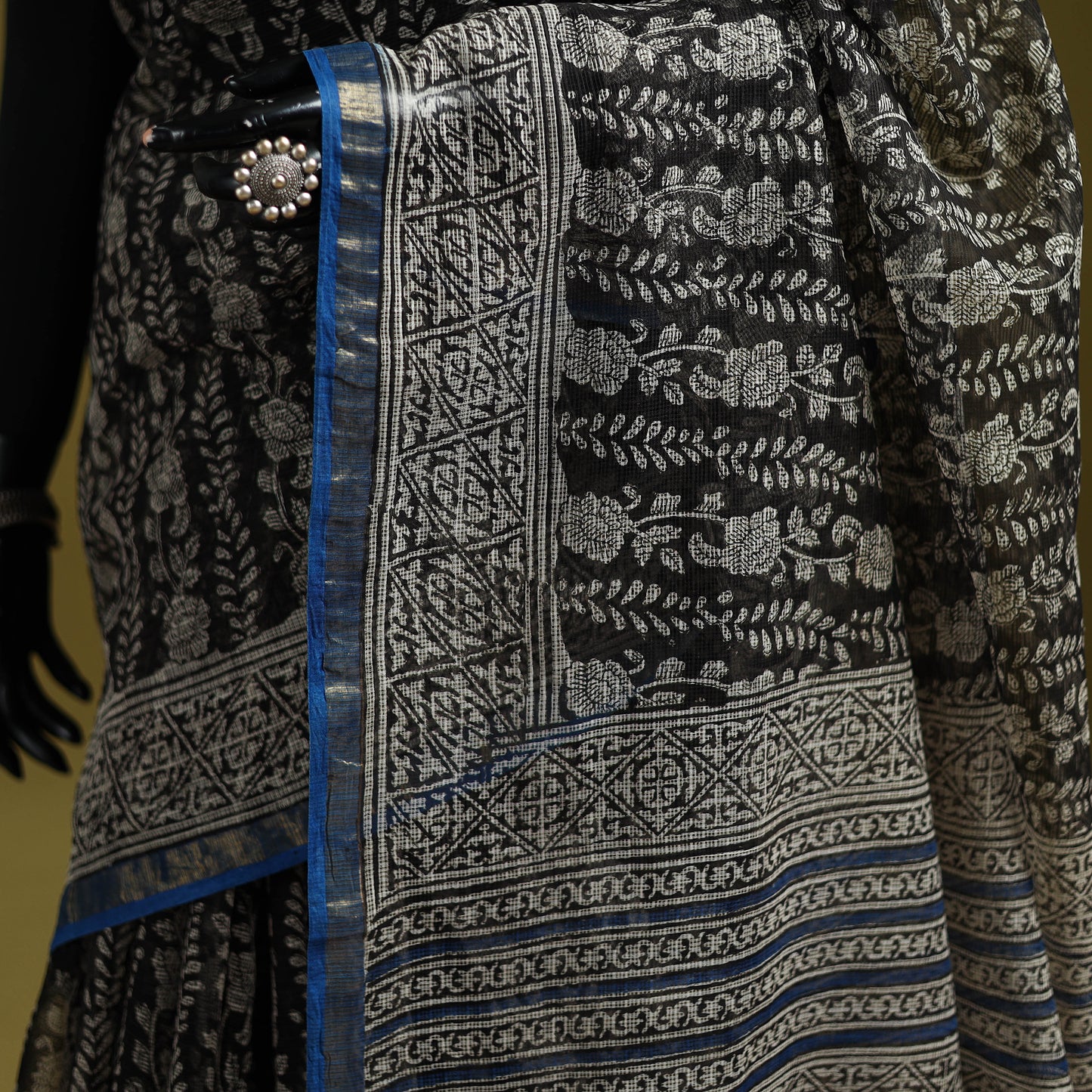 Black - Bagru Hand Block Print Kota Doria Cotton Saree 34