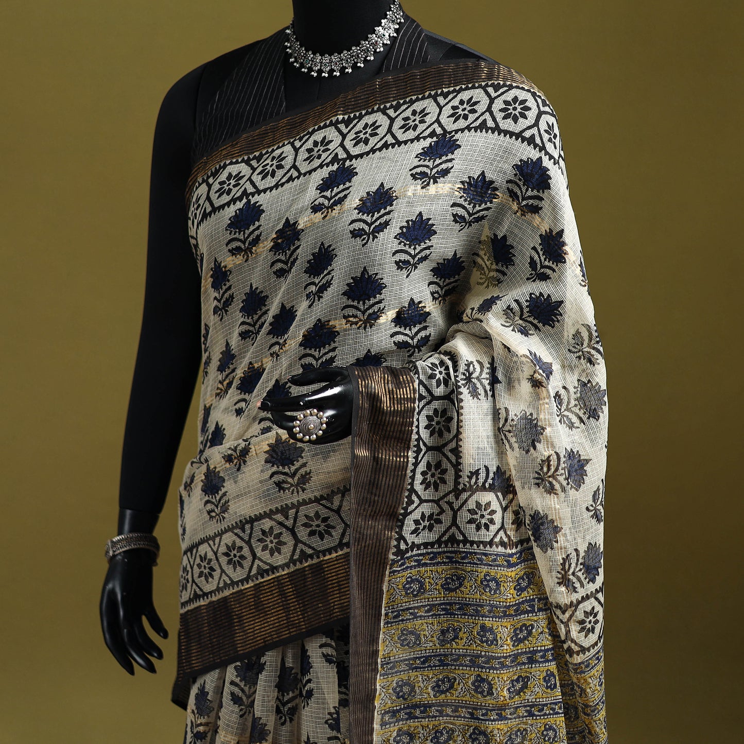 Beige - Bagru Hand Block Print Kota Doria Cotton Saree 35