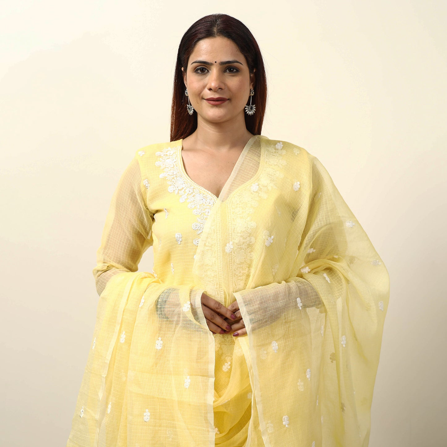 Yellow - Kota Doria Embroidered Kurta with Palazzo & Dupatta Set 02