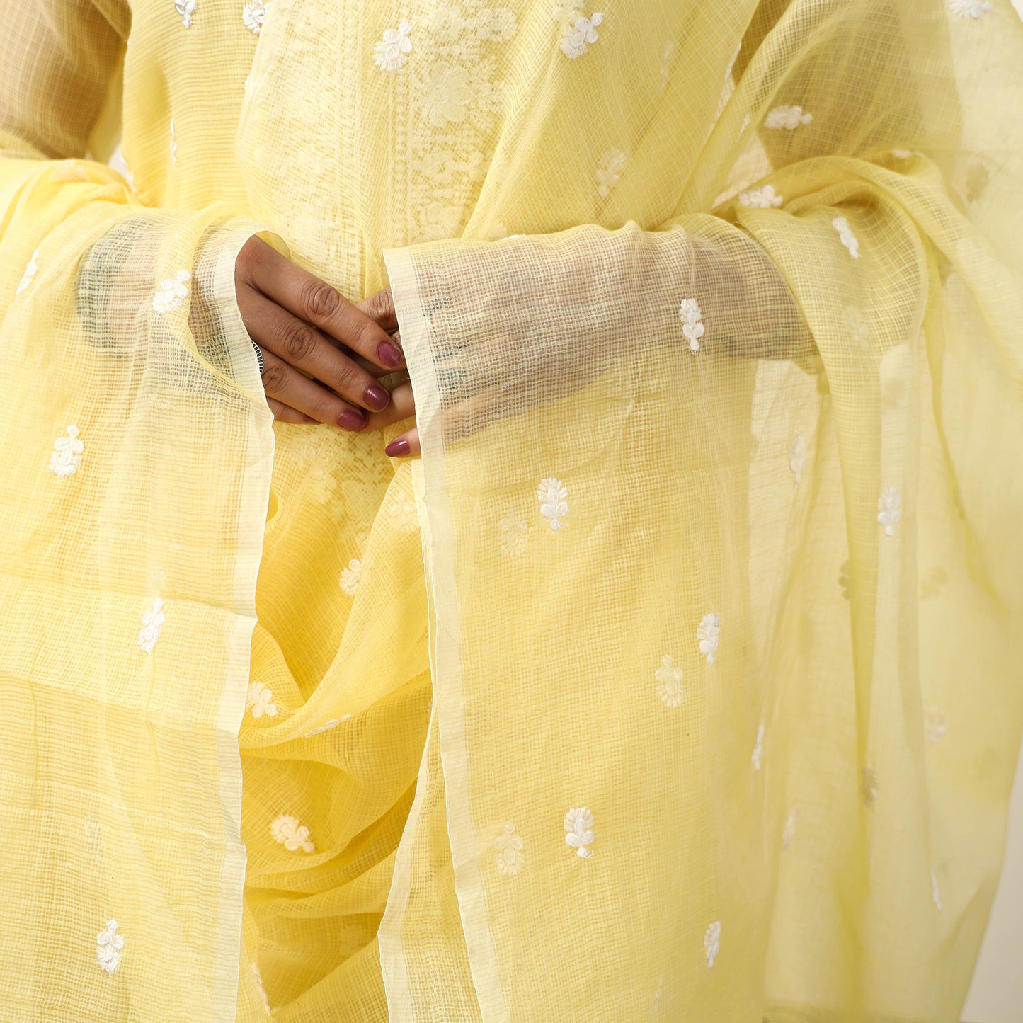 Yellow - Kota Doria Embroidered Kurta with Palazzo & Dupatta Set 02
