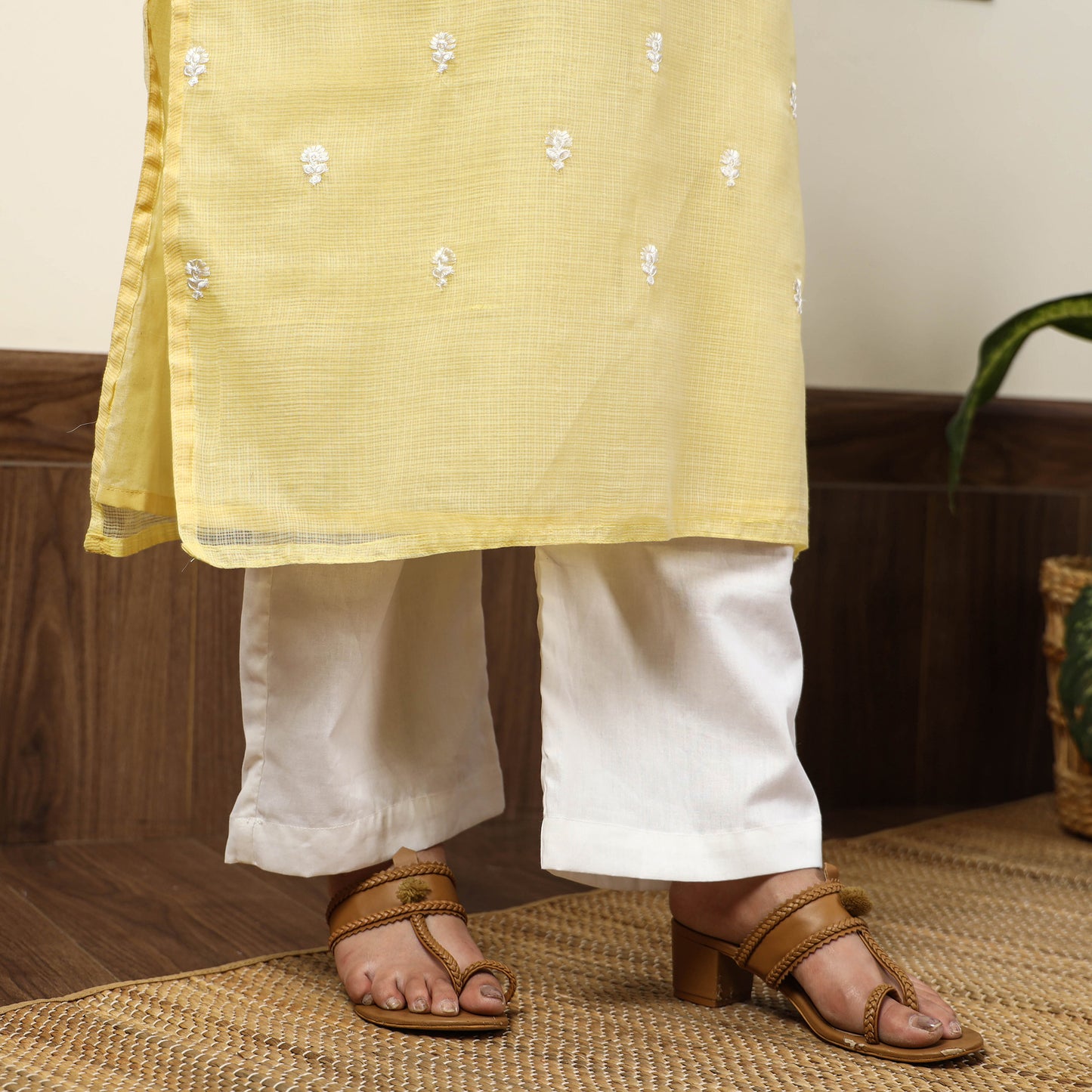 Yellow - Kota Doria Embroidered Kurta with Palazzo & Dupatta Set 02