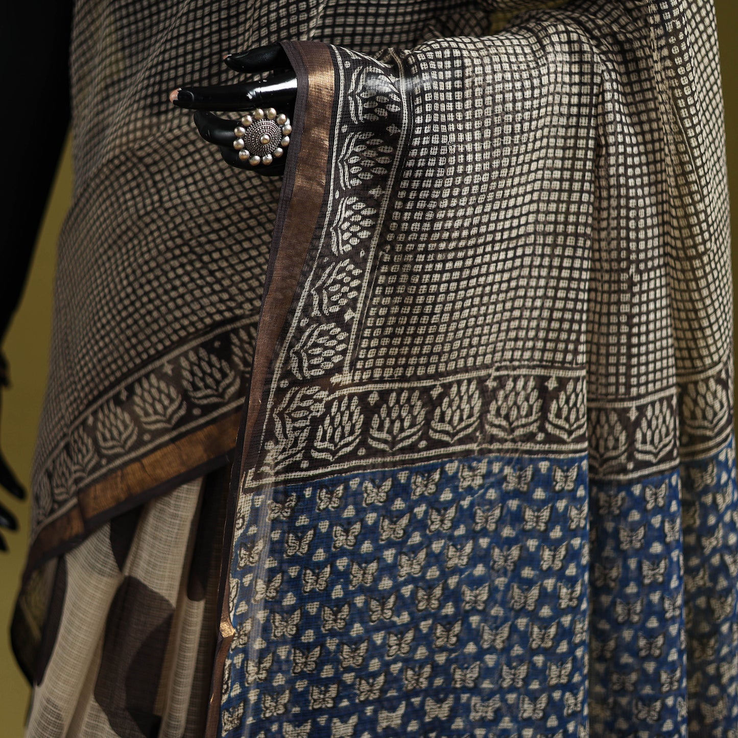 Black - Bagru Hand Block Print Kota Doria Cotton Saree 36
