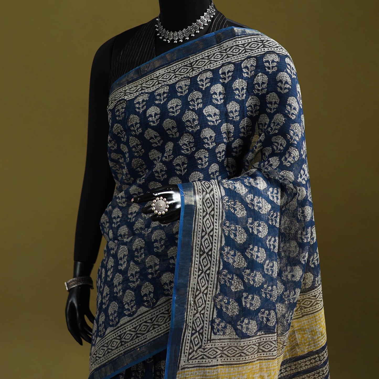 Blue - Bagru Hand Block Print Kota Doria Cotton Saree 37