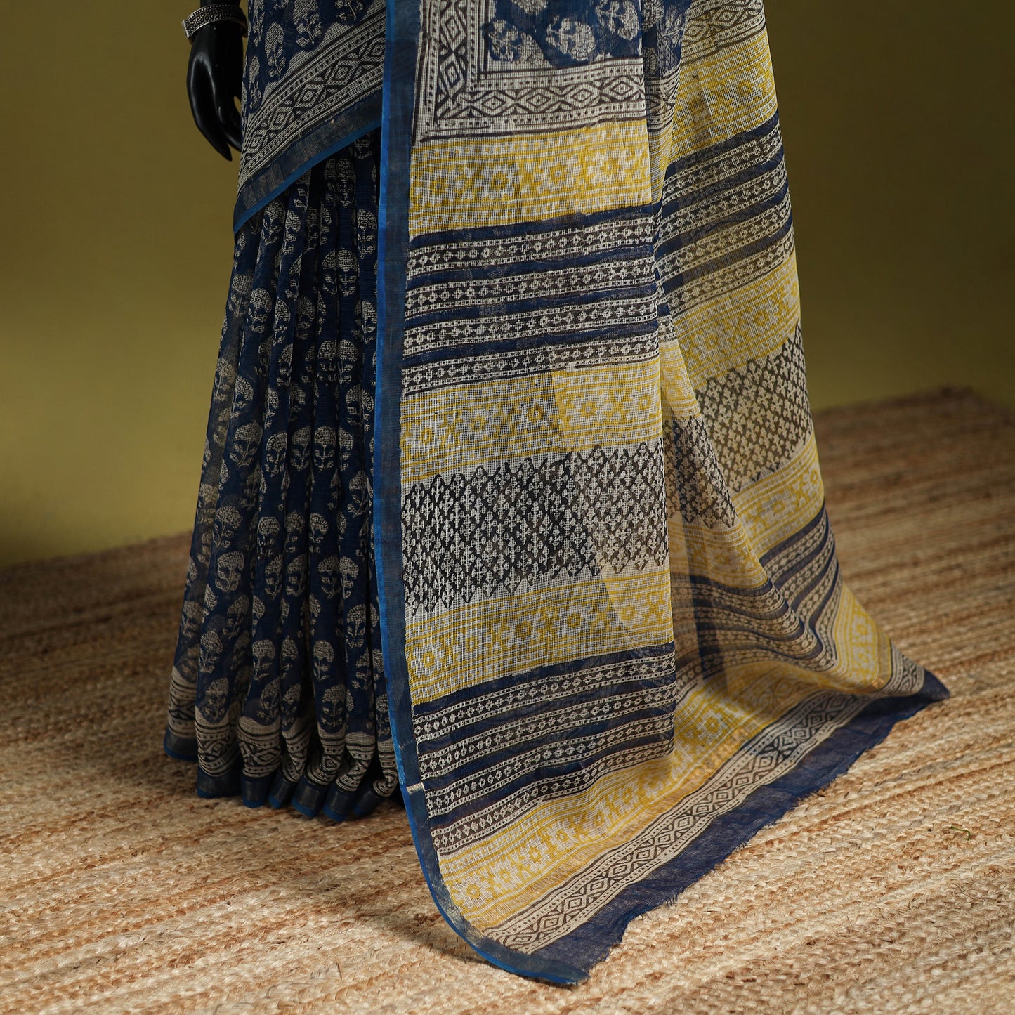Blue - Bagru Hand Block Print Kota Doria Cotton Saree 37