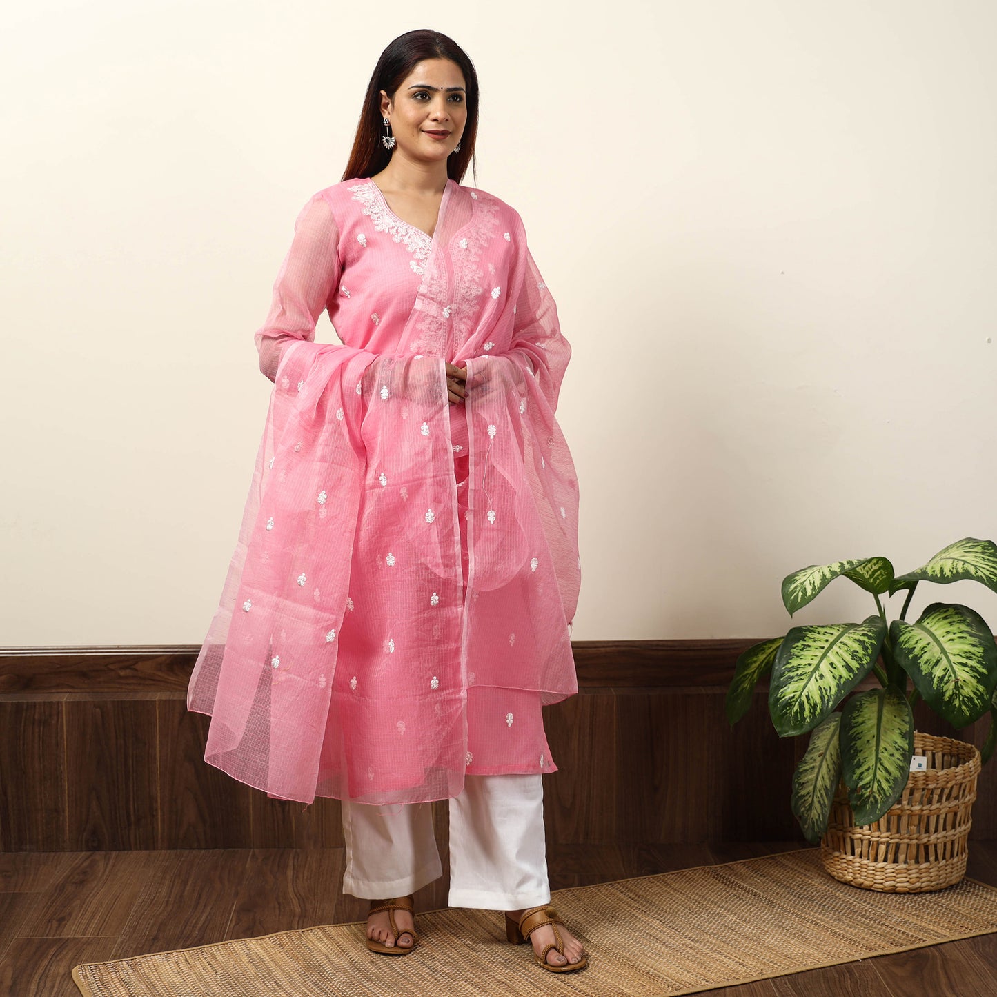 Kota Doria Embroidered Kurta with Palazzo & Dupatta Set 01
