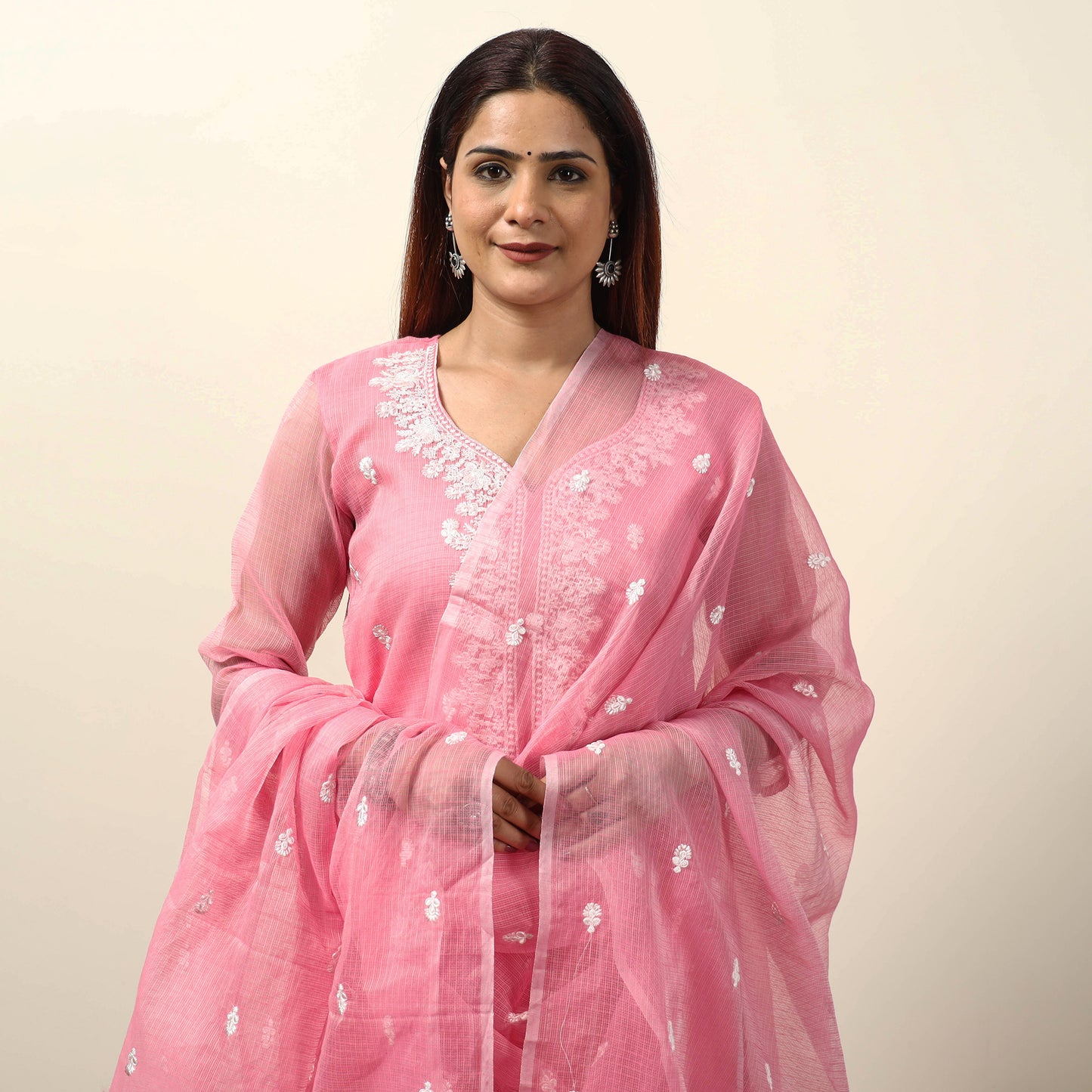 Kota Doria Embroidered Kurta with Palazzo & Dupatta Set 01