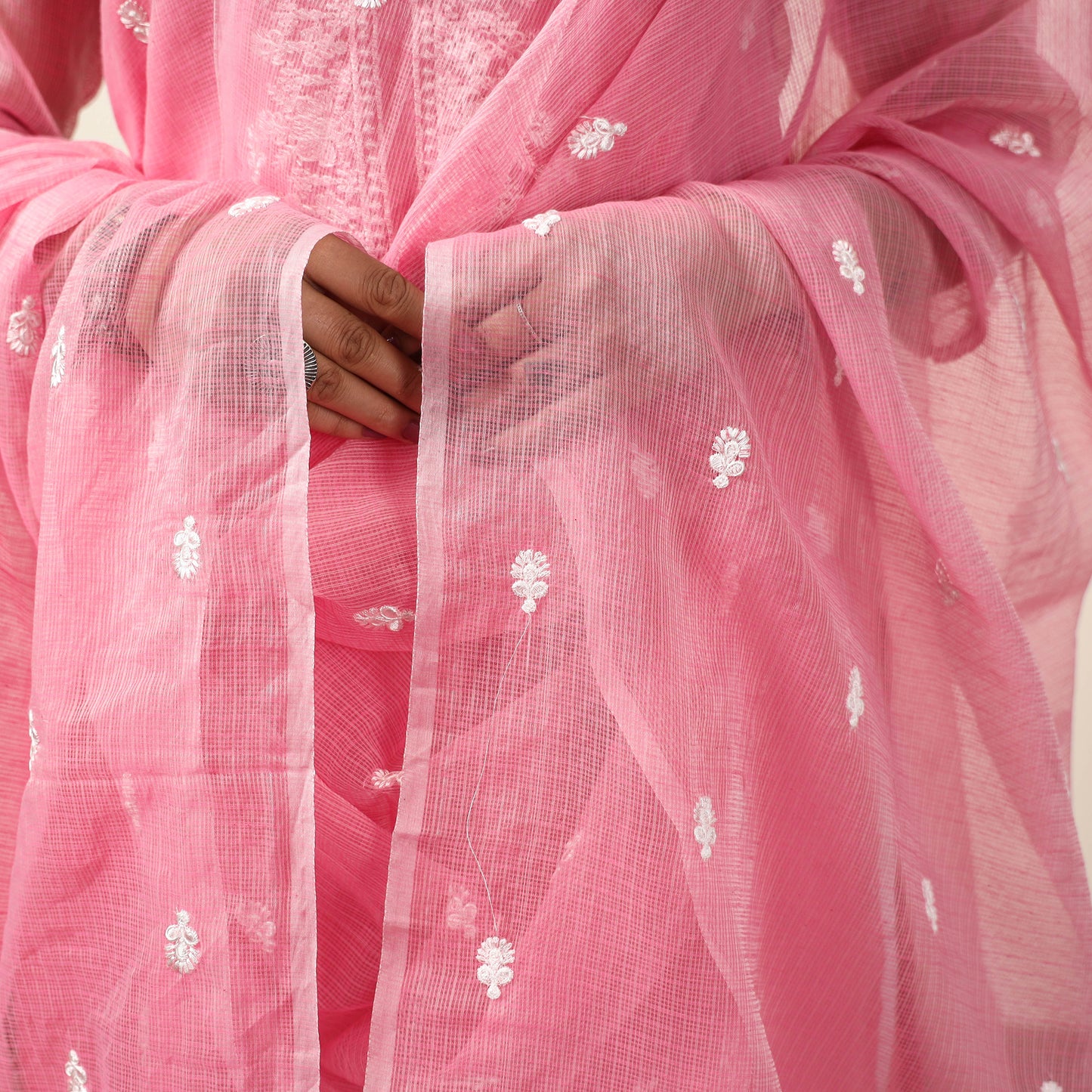 Kota Doria Embroidered Kurta with Palazzo & Dupatta Set 01