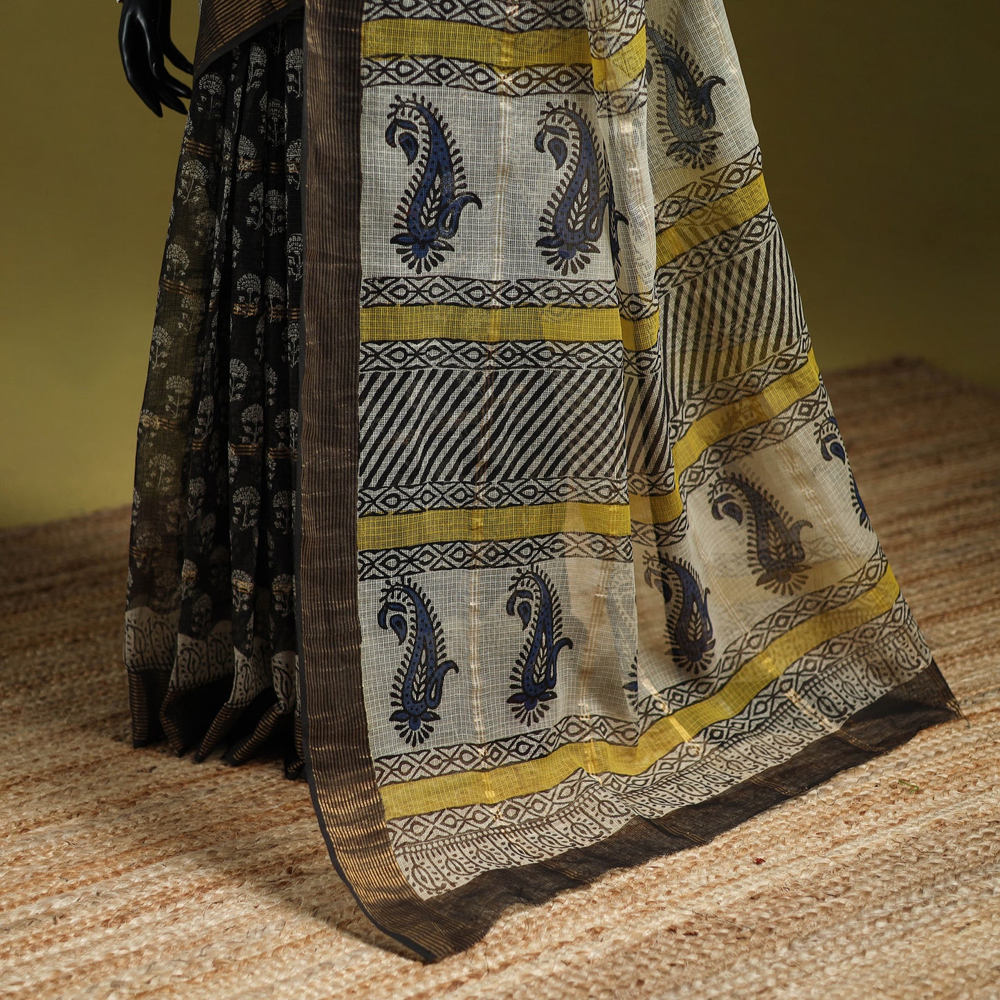 Black - Bagru Hand Block Print Kota Doria Cotton Saree 39